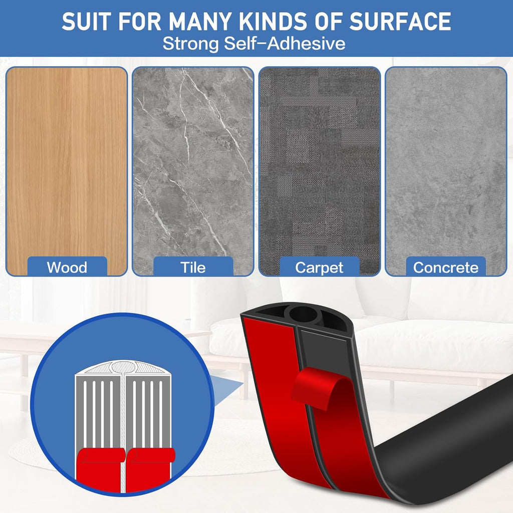 Floor Cord Cover Self Adhesive Cord Hider Floor Extension Cord Covers for Floor Power Cord Protector Cable Management Prevent Cable Trips Cable Cavity 0.32" W x 0.32" H (Black, 3.3Ft)