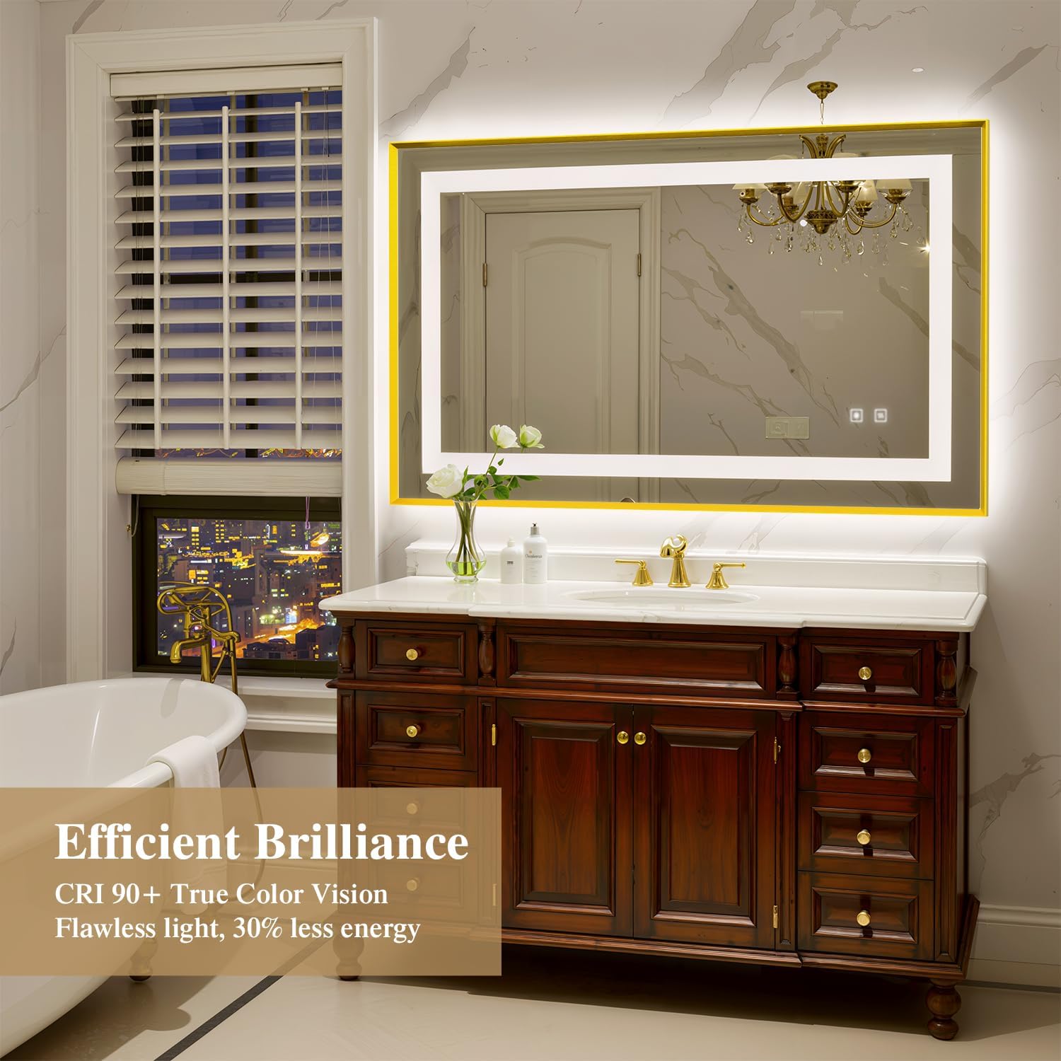 40X24 Inch LED Bathroom Mirror with Lights, Gold Frame Frontlit+ Backlit Bathroom Vanity Mirror for Wall, Ultra-Clear Tempered Glass, Shatter-Proof, Anti-Fog and Memory Function, ETL Listed