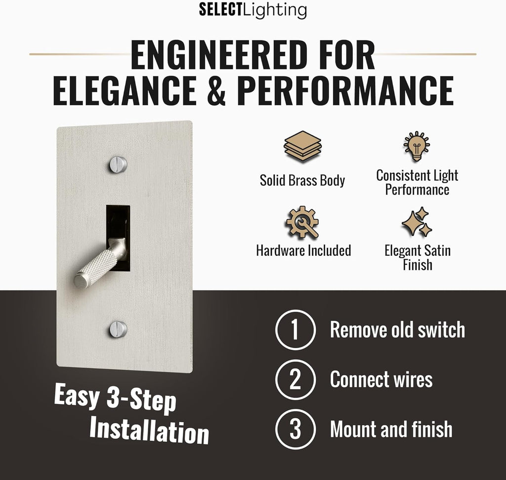 Select 15A 120V AC 1-Gang Toggle Switch, Vintage Satin Nickel Plated Single Pole 3 Way Compatible Wall Mount Toggle Switch, Included Faceplate & Switch Module, UL Listed