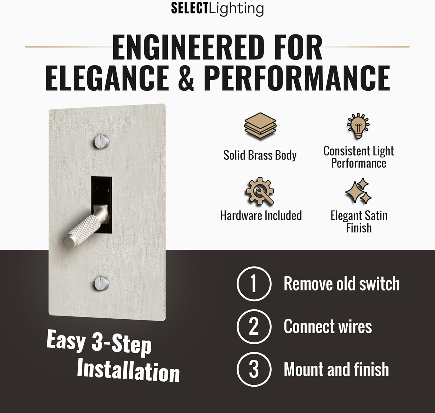 Select 15A 120V AC 1-Gang Toggle Switch, Vintage Satin Nickel Plated Single Pole 3 Way Compatible Wall Mount Toggle Switch, Included Faceplate & Switch Module, UL Listed