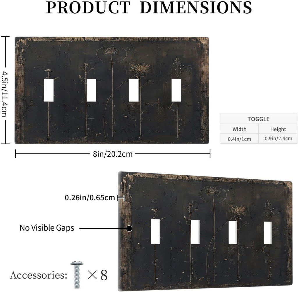 Light Switch Cover Plate Black And White Dandelion Art Vintage Wood Grain 4 Gang Quad Toggle Wall Plate Electrical Outlet Cover Decorative Switch Plate Covers for Farmhouse Cabin Decor