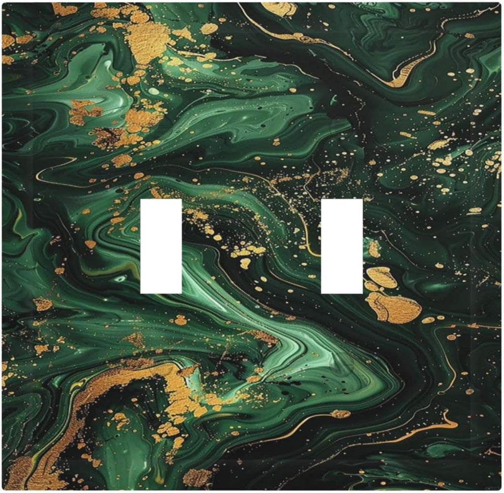 Green/Gold Modern Abstract Luxury Marble 2 Gang Double Toggle Light Switch Cover Decorative Switchplate Electrical Wall Plates Faceplate for Bathroom Bedroom Decor 4.9 X 5 IN