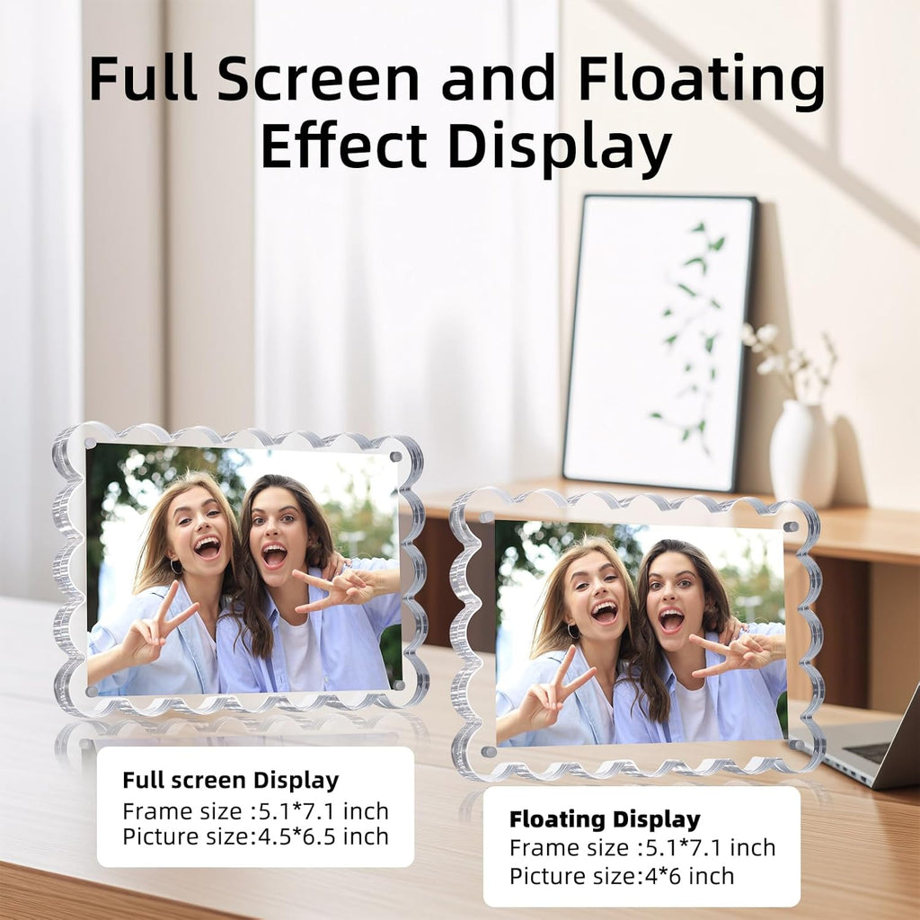 3 Pack Acrylic Picture Frame: 4x6inch Magnetic Picture Frames, Double Sided Magnet Frames,10+10mm Thick Block, Clear Photo Scalloped Frames Freestanding for Desktop Display