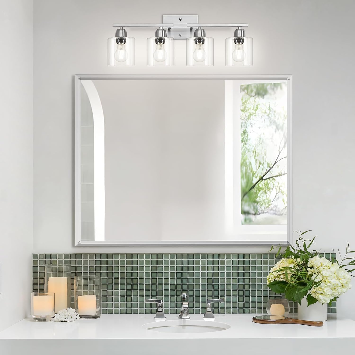 Modern Brushed Nickel 4 Light Bathroom Light Fixtures, 24 inch Vanity Lights for Bathroom with Clear Glass, Vanity Lights for Mirror Kitchen Living Room Hallway Cabinet Porch