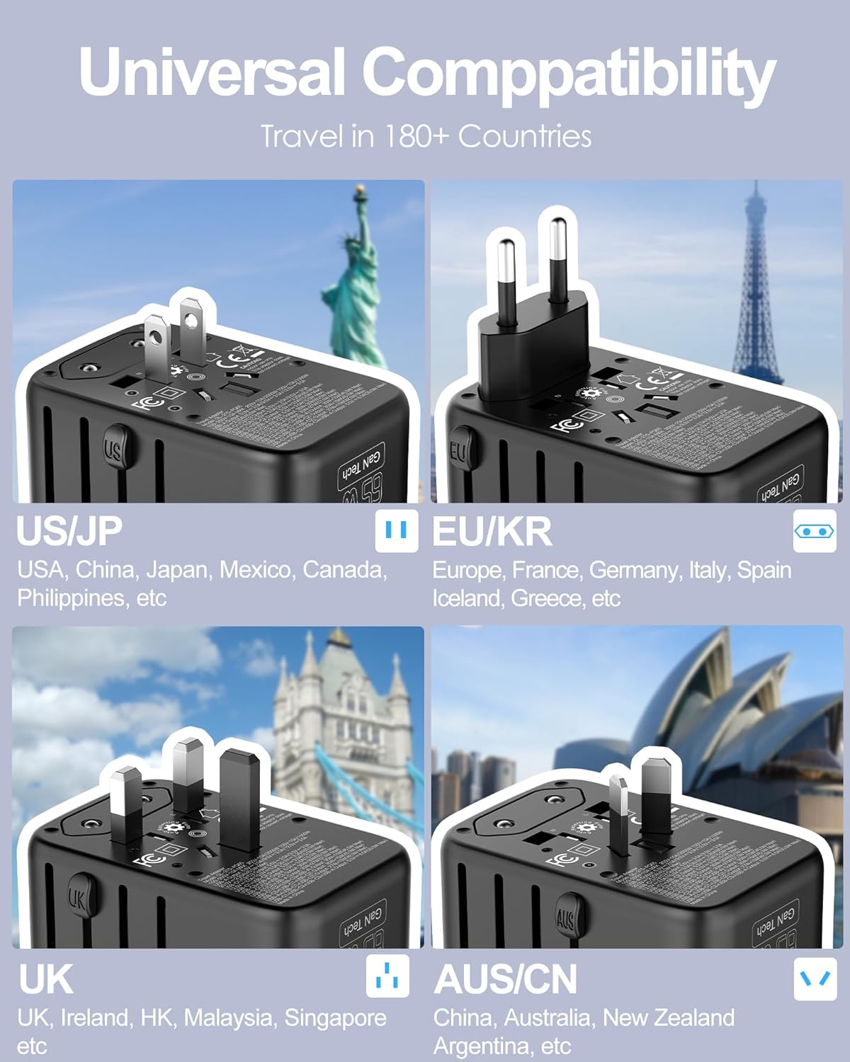 Universal Travel Adapter GaN 65W Fast Charger, 3 USB C(Each/GaN 65W) & 1 USB A(PD 45W) Ports & 2500W AC Outlet, International Power Adapter High Power Travel Plug Adapter for Europe UK US AUS