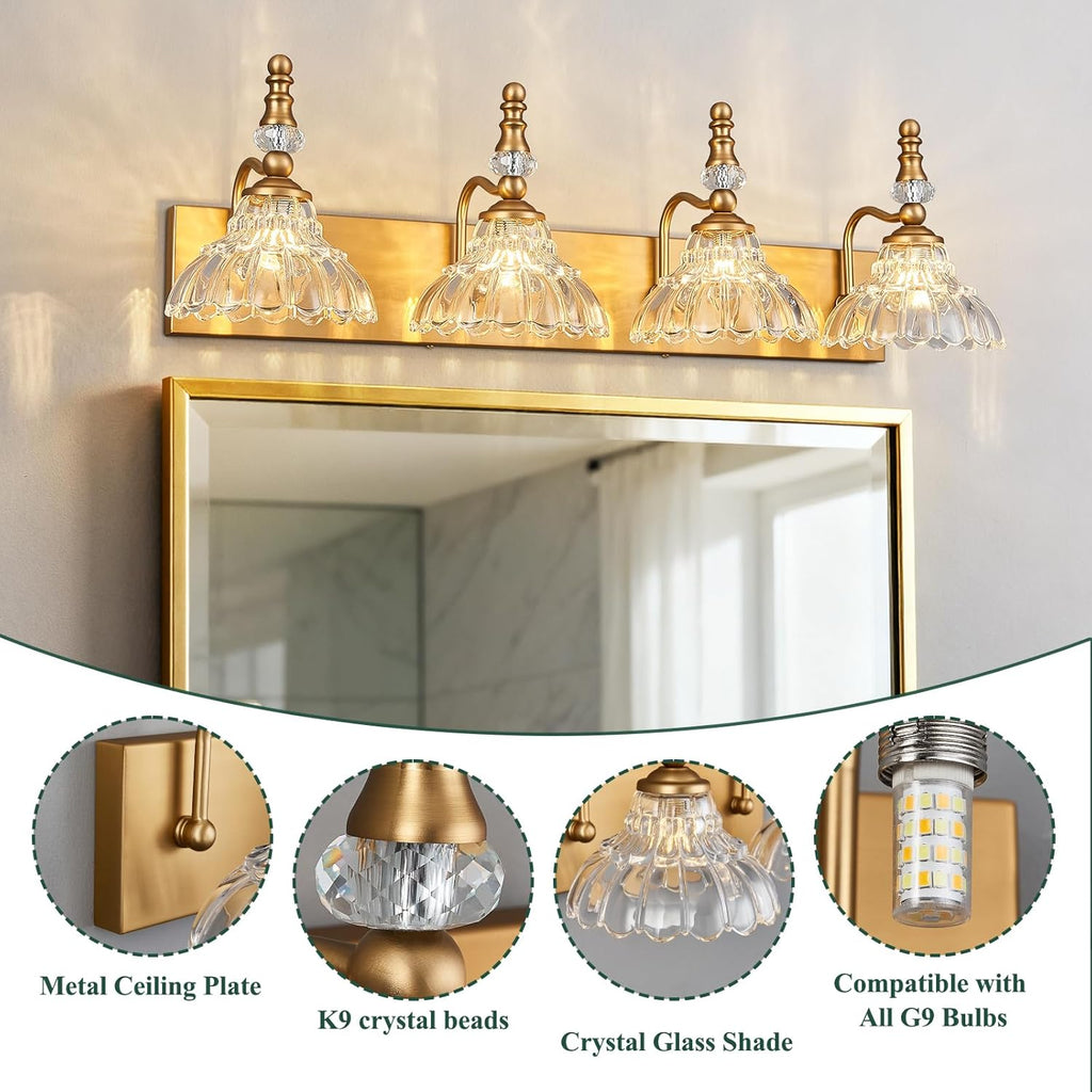 Vintage Bathroom Vanity Light, 4-Light Brass Vanity Lighting Fixture with Flower Glass Shade, Bathroom Lighting Fixtures Over Mirror