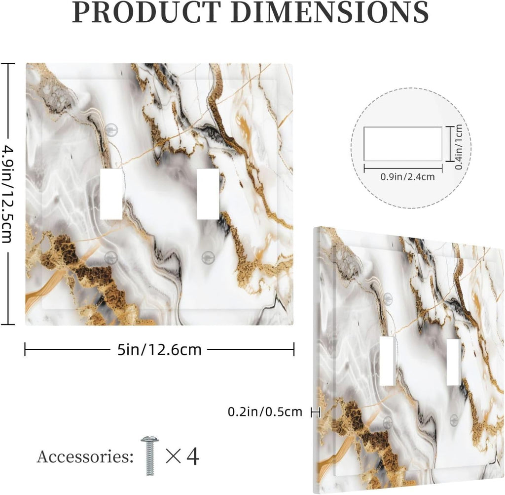 Luxurious Marble Abstract White Gold Tile Modern Simplicity Decorative Switch Plates 2 Gang Double Toggle Outlet Light Switch Cover Wall Plate Electrical Faceplate for Bathroom Kitchen Decor