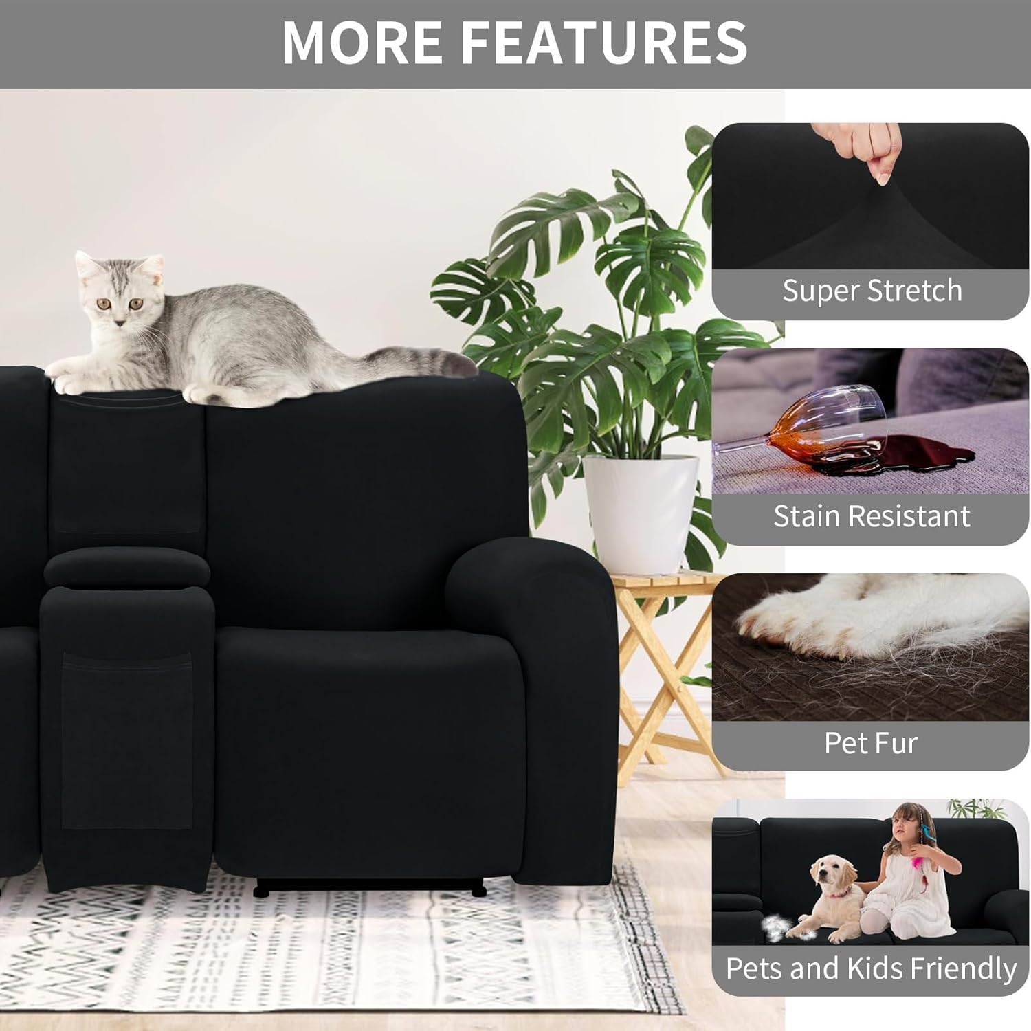 Easy-Going 100% Waterproof Recliner Console Cover, Stretch Middle Console Couch Covers for Reclining Sofas, Sectional L-Shape Furniture Protector for Kids & Pets, 1 Console Cover, Black