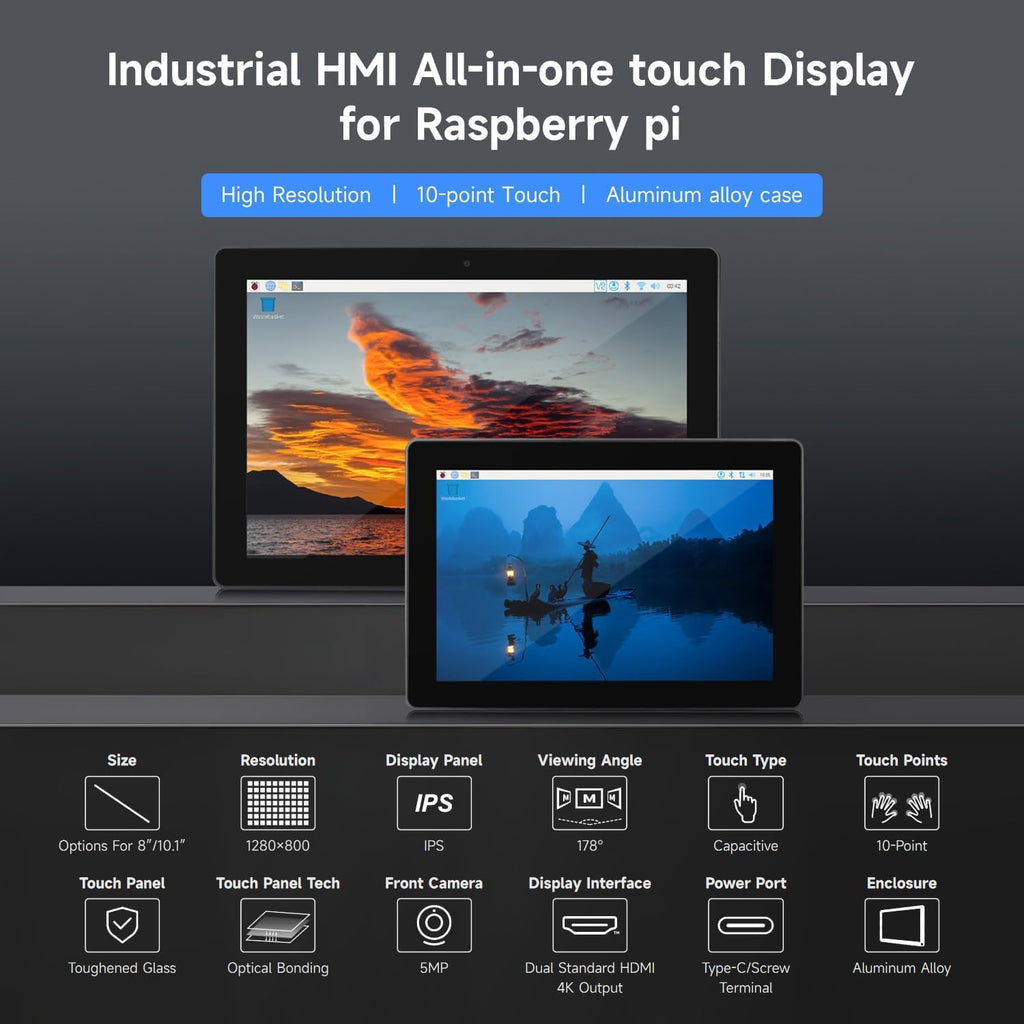 Industrial HMI All-in-one 10.1inch Touch Display Compatible with Raspberry Pi (Not Included), Supports Dual 4K HDMI Output, 10-Point Touch, Aluminum Alloy Case @XYGStudy (RPI-HMI-101D-ACCE)