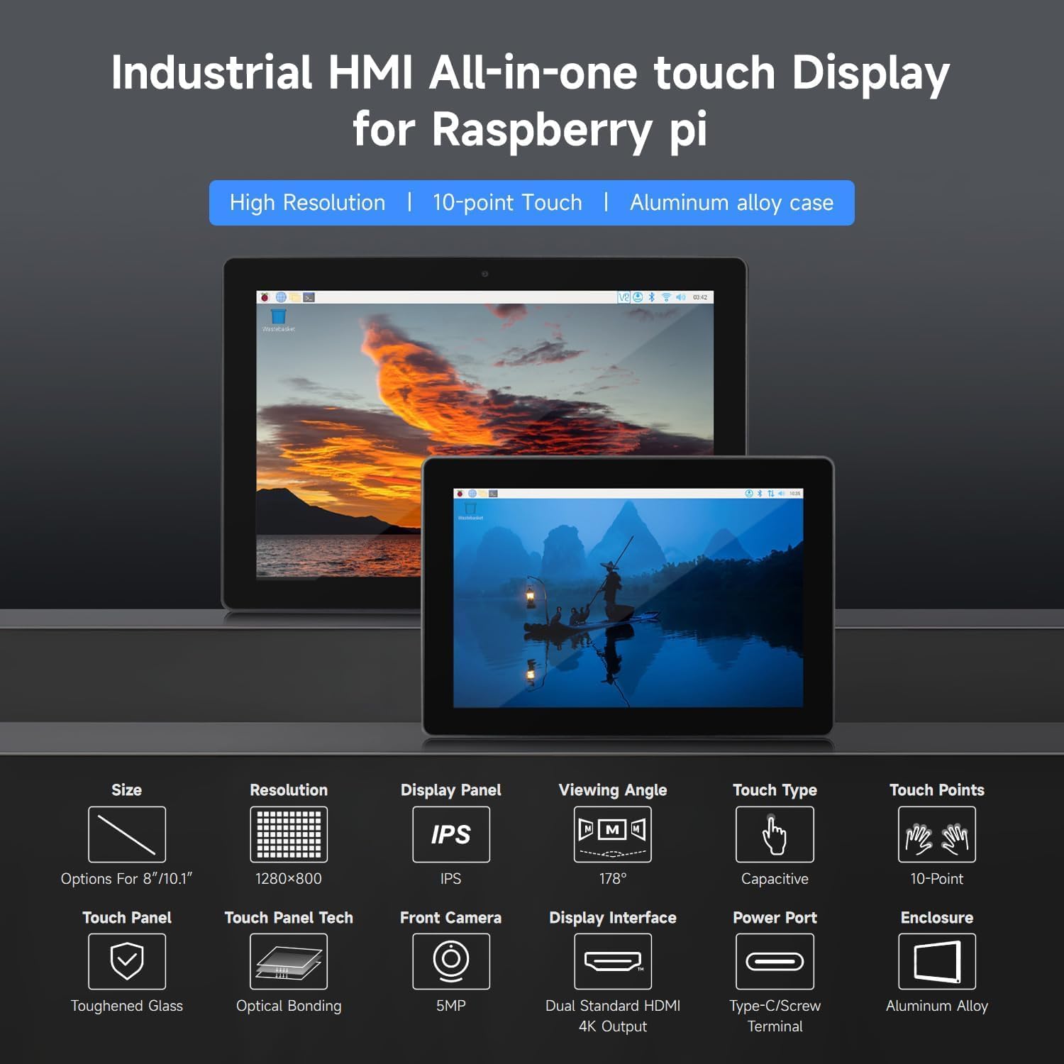 Industrial HMI All-in-one 10.1inch Touch Display Compatible with Raspberry Pi 5 (Included), Supports Dual 4K HDMI Output, 10-Point Touch, Aluminum Alloy Case @XYGStudy (PI5-HMI-101D)
