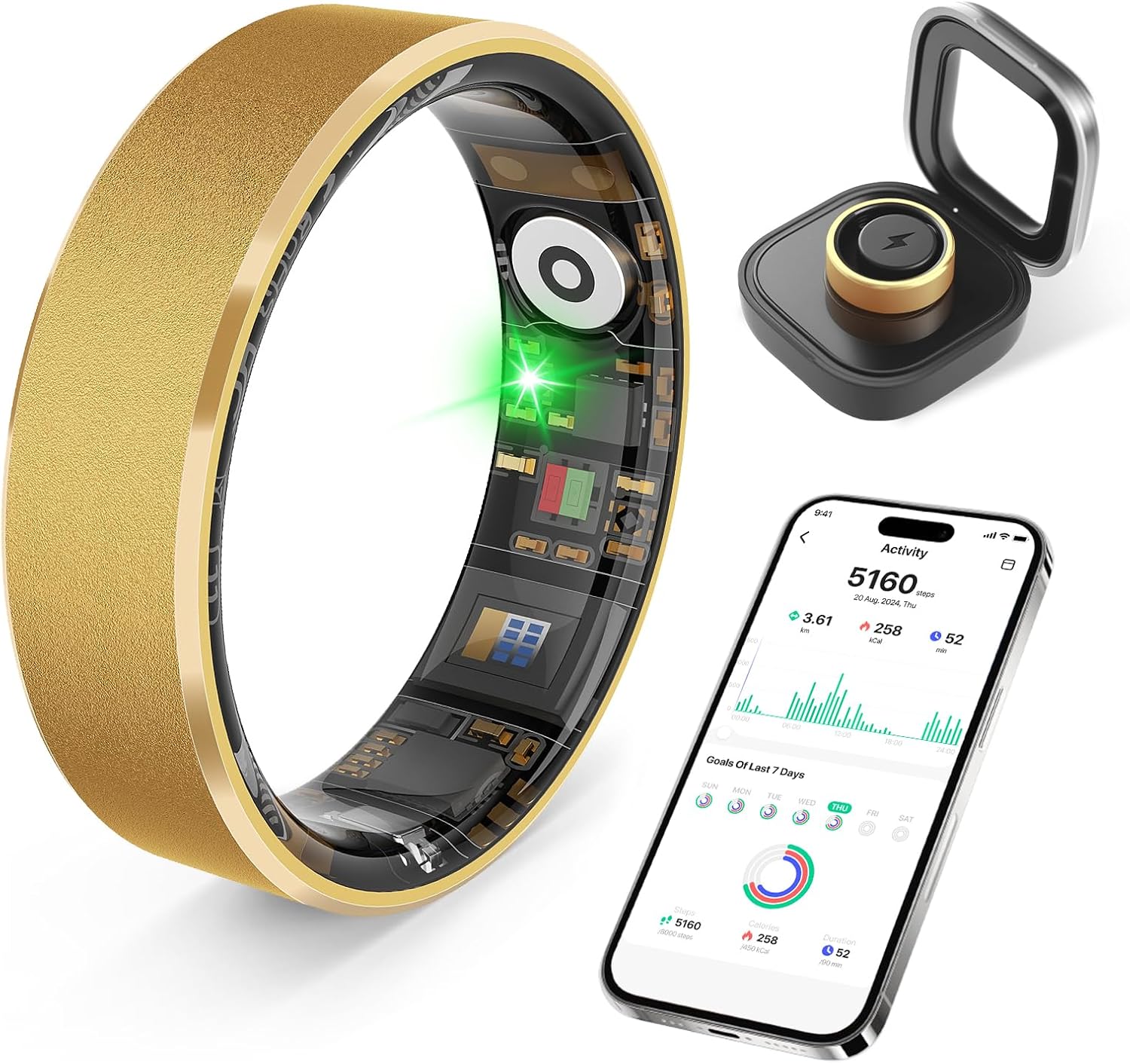 Smart Ring Health Tracker， Sleep/Exercise Monitoring, iOS/Android, IP68 Waterproof, No Subscription, 5-Day Battery for Women & Men (Gold, 10)