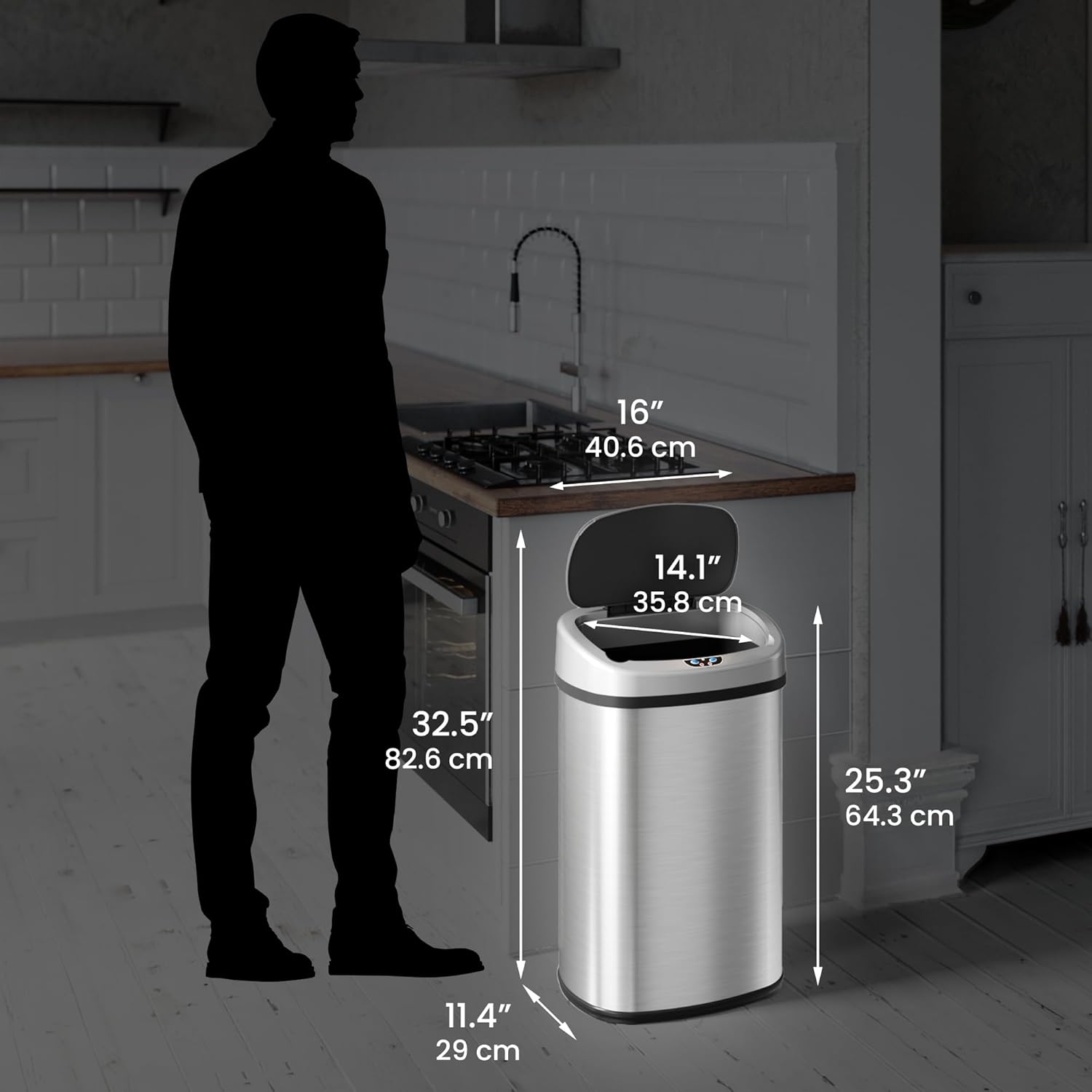 SensorCan 50 Liter / 13 Gallon Kitchen Trash Can with AC Adapter & Odor Filter Kit – Motion Sensor Stainless Steel Garbage Bin for Home, Office, Garage – Slim Oval Shape, Large Capacity Design