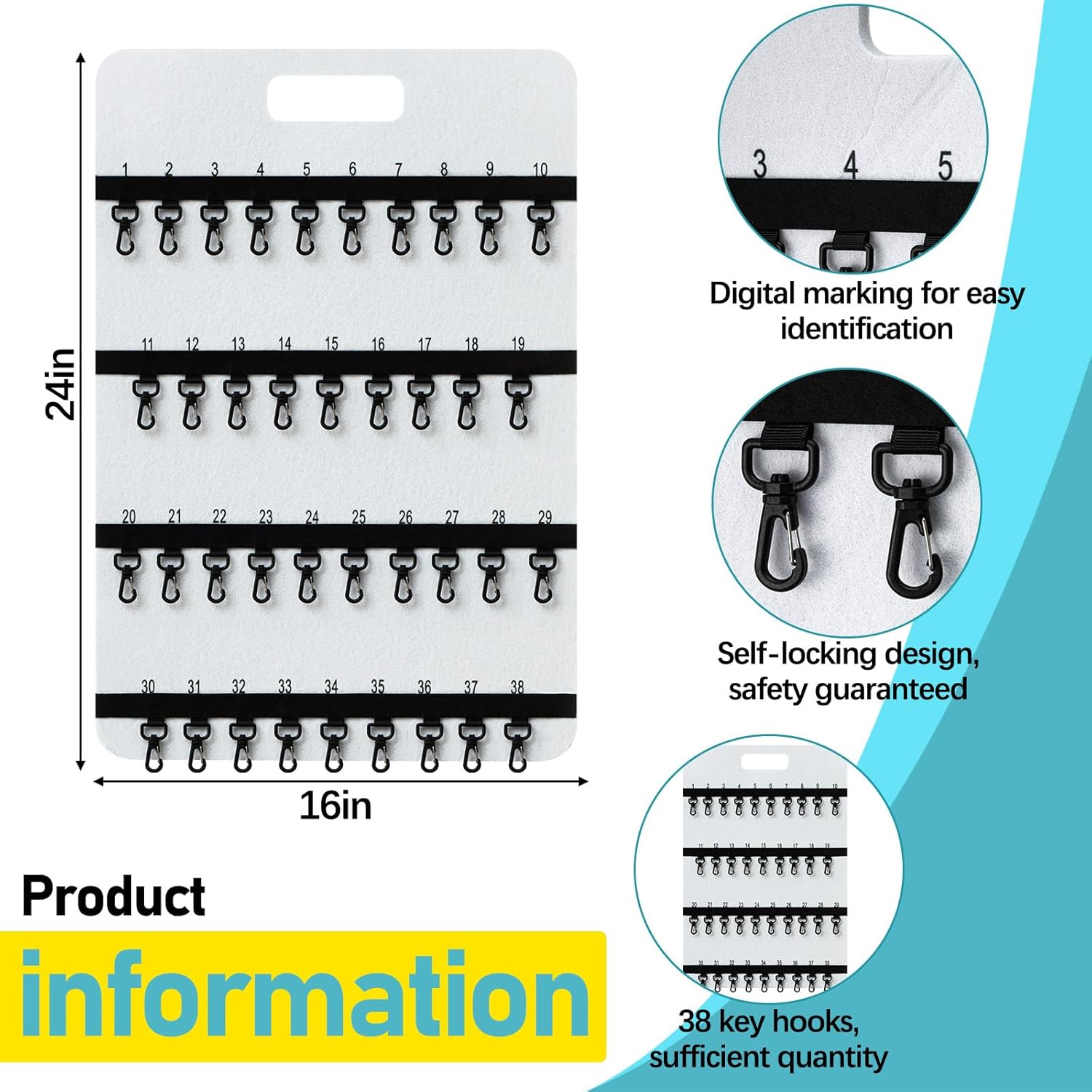 24'' x 16'' Key Rack Wall Mount with 38 Numbered Self Closing Hooks 24'' x 16'' Felt Key Holder Board Storage for Car Dealer Property Manager Valet Parking Residential Small Businesses