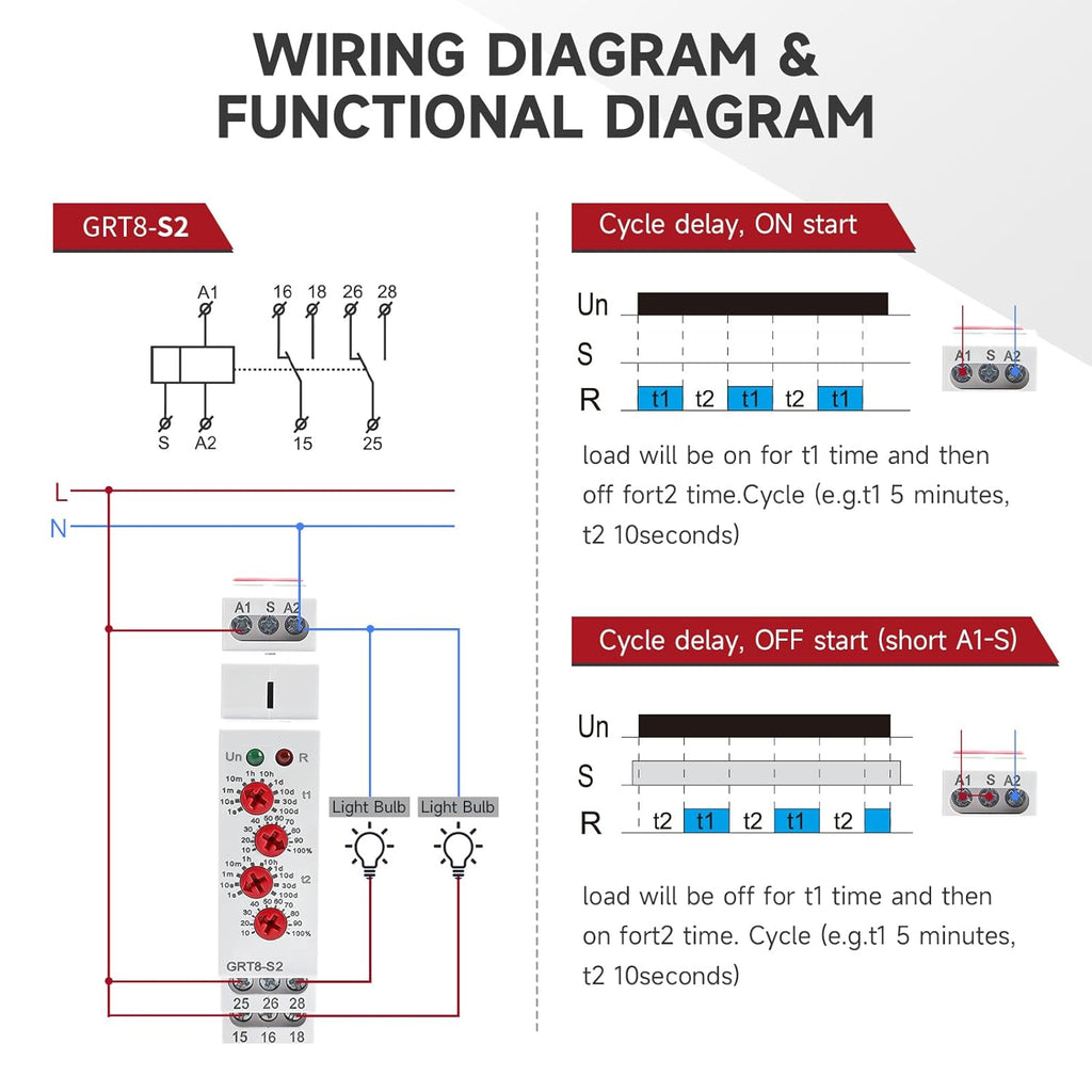 Asymmetric Cycle Timer Relay 2SPDT AC 230V 16A Long or Short Period Repeat Cycle Tntermittent Timer Electronic Relay in Din Rail (GRT8-S2 AC 230V)