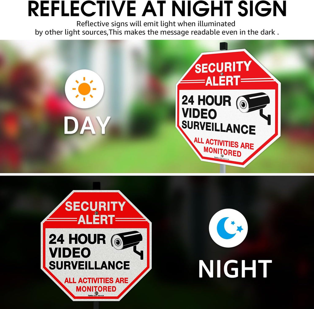 Faittoo Security Sign Video Surveillance Sign with 36" Stake for Outside, 2-Pack 12"x12" Rust Free Heavy Aluminum, Reflective, Fade Resistant, 2 pre-drilled holes, Includes Matching Screws & Wrench,