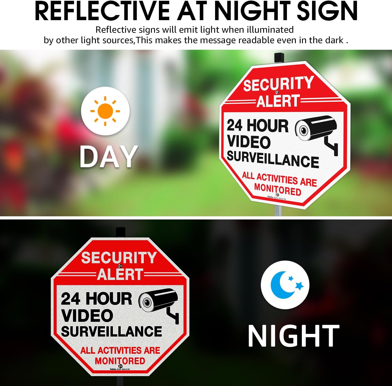 Faittoo Security Sign Video Surveillance Sign with 36" Stake for Outside, 2-Pack 12"x12" Rust Free Heavy Aluminum, Reflective, Fade Resistant, 2 pre-drilled holes, Includes Matching Screws & Wrench,