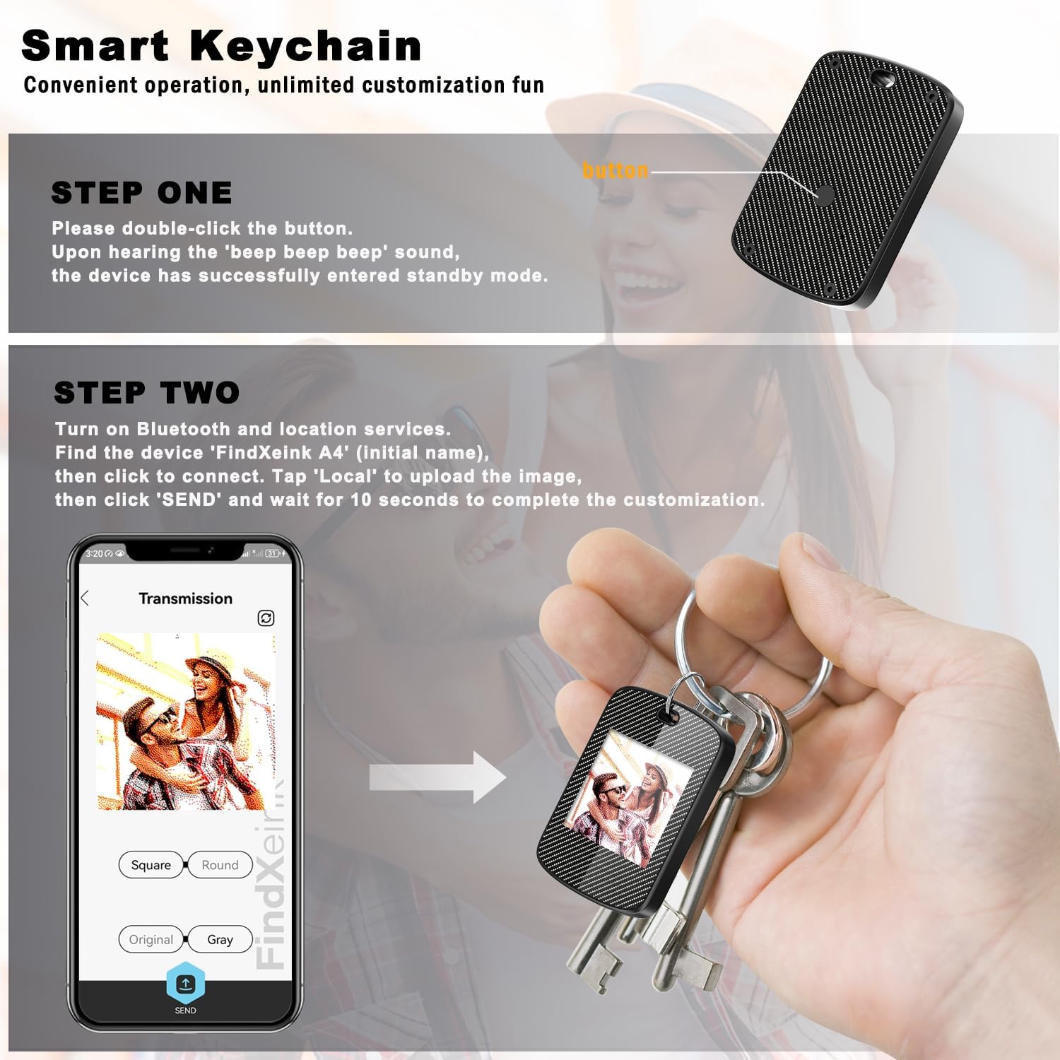 Customized Keychain with Picture,Personalized Photo Keychain with Build-in Find My Tracker,Contact Information,Item Locator for Key,Pets,Luggages,iOS 14.0 and Up,Great Gift for Family and Friends