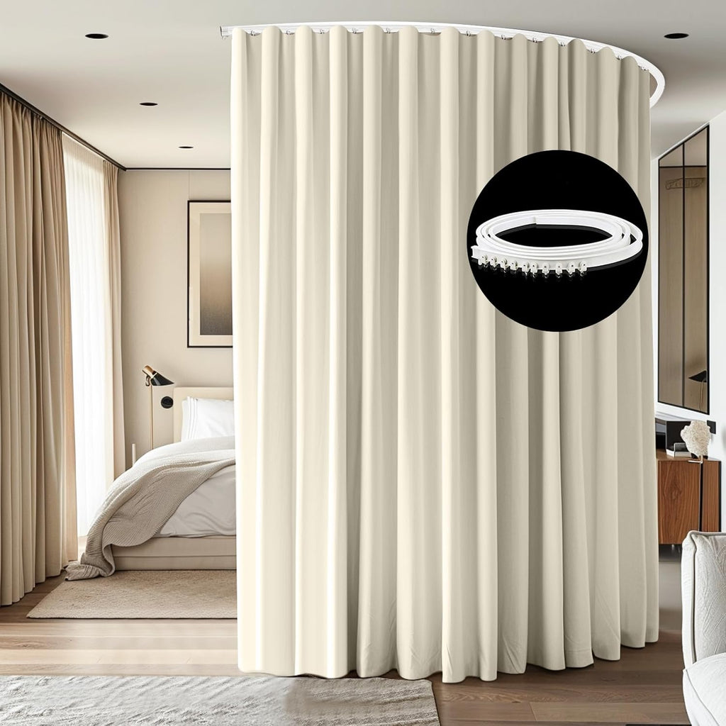 Room Divider Ceiling Mounted Curtains Track Sets Extra Wide Blackout Curtain Flexible Tracks for Bedroom Privacy Partition Separator, 1 Panel Beige Drape and White Rail, W15 x H9ft