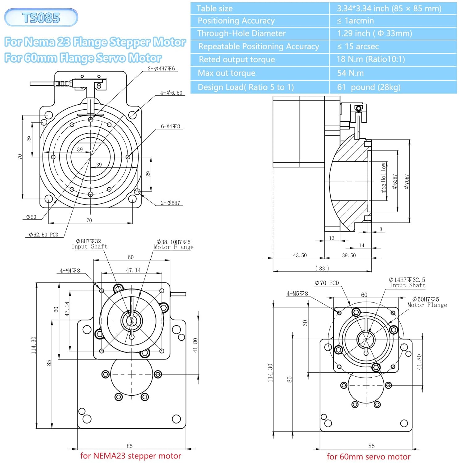 Hollow Rotary Actuator Ratio 10:1 Hollow Rotating Table Precision Rotary Reducer High Accuracy Hollow Rotary Platform for NEMA23 6.35mm 8mm Shaft/60 mm Servo Motor 14mm Shaft Alternative Cam Indexer