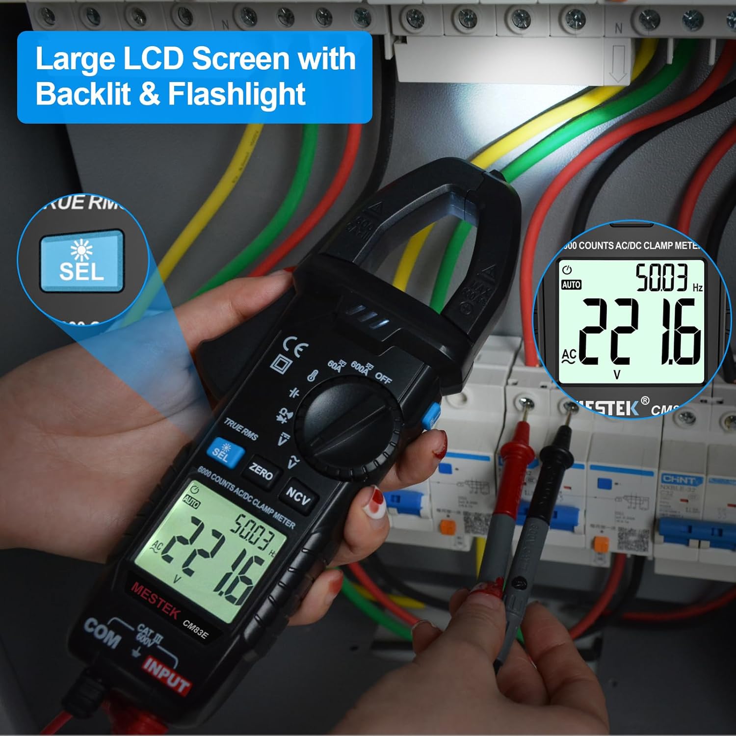 MESTEK Clamp Meter, Digital Clamp Multimeter Voltage Tester TRMS 6000 Counts Current Amp Volt Meter, Voltmeter Measures NCV AC DC Current Voltage Resistance Capacitance Temperature Diodes Continuity