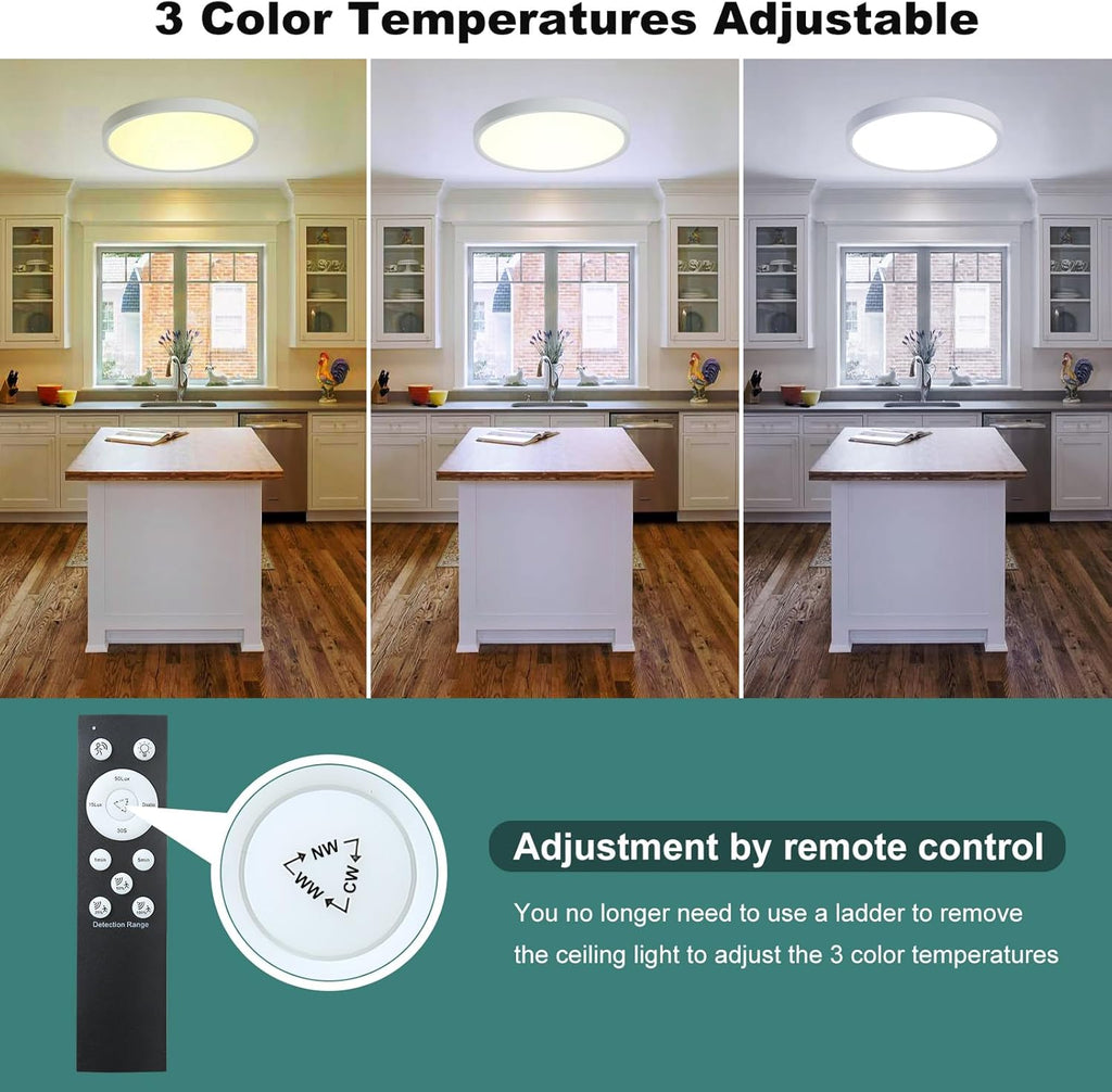 2 Pack ZSYUBO 12 Inch Motion Sensor Ceiling Light Wired,24w Flush Mount Light Fixture Round, Motion Sensor Light Indoor for Closet Hallway Porch Laundry Basement Garage Pantry, 3000k/4000k/6000k White