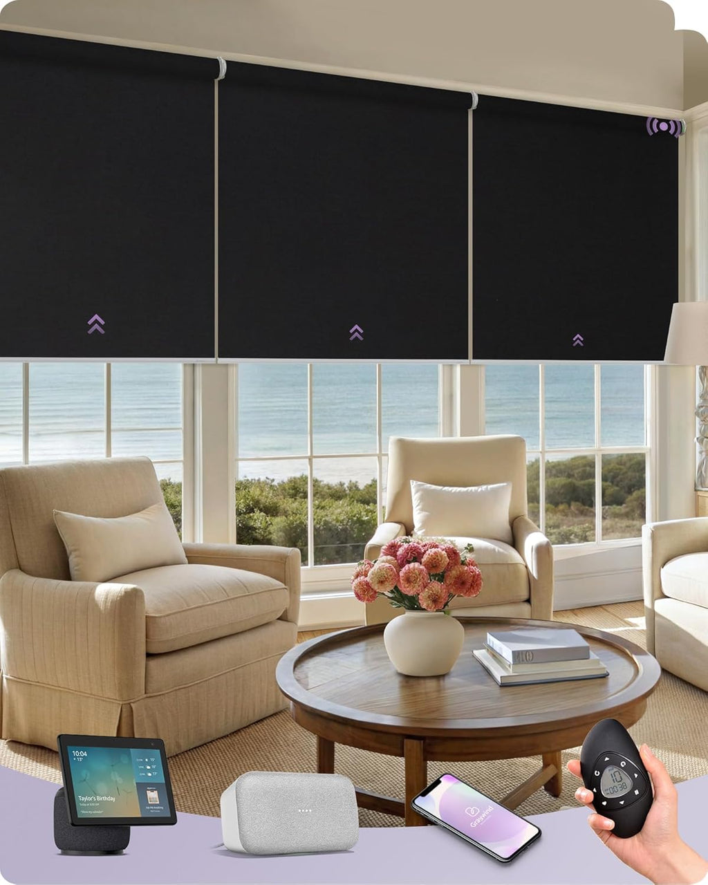 Graywind Smart Coupled Roller Shades Compatible with Alexa Google Custom Size Extra Large Motorized Blinds for Windows(Black)