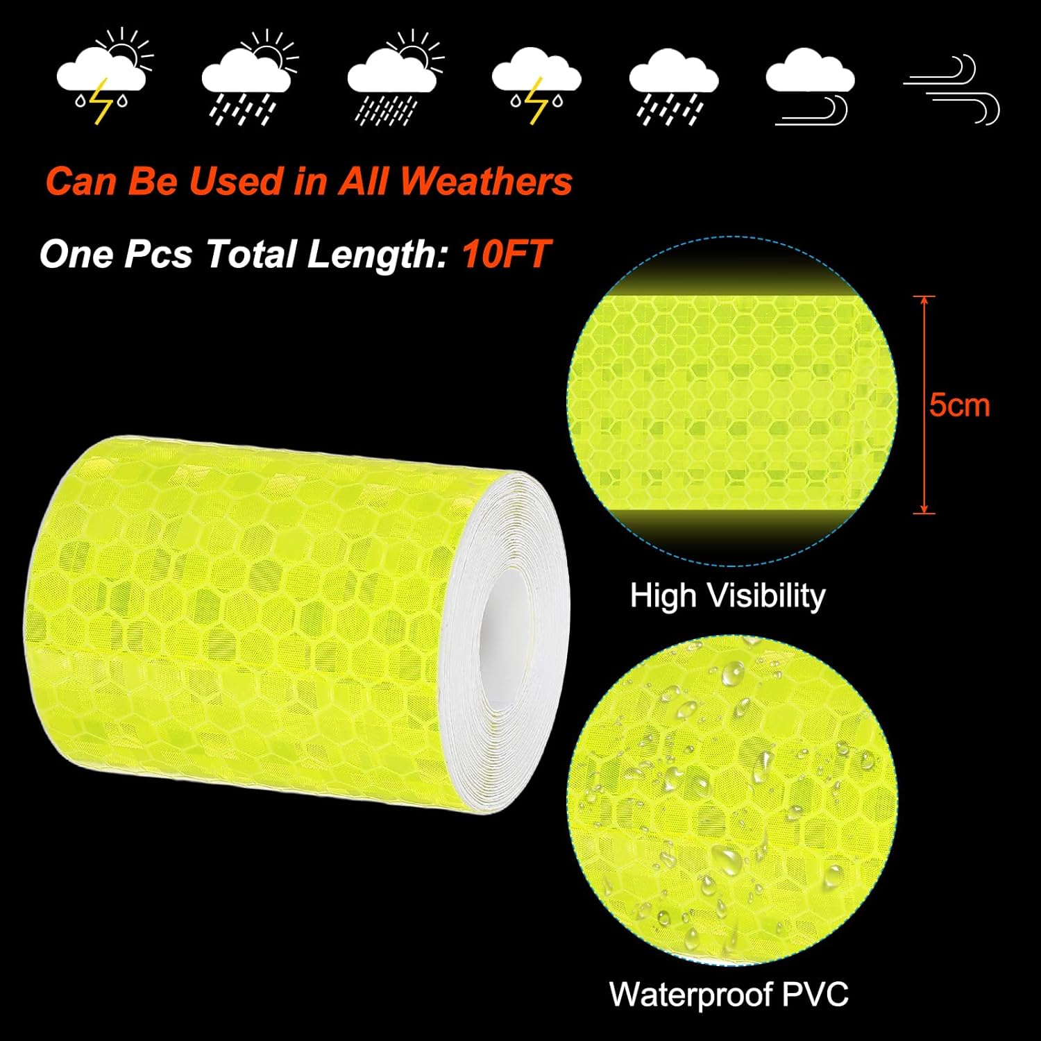 PATIKIL 2 Inch x 10 ft Reflective Tape, 1 Roll Waterproof Self Adhesive High Visibility Caution Warning Safety Tape Reflector with Scraper for Trucks Trailers Cars, Bright Yellow