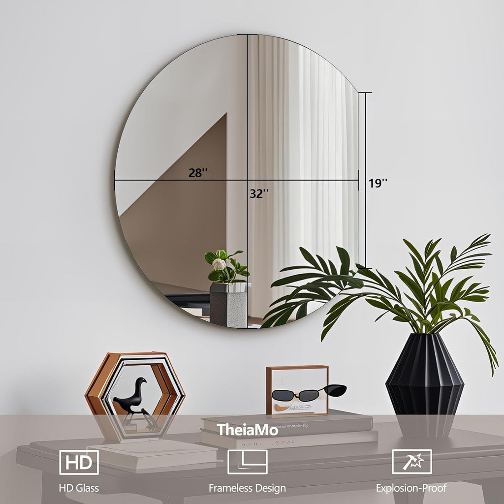 Half Moon Bathroom Mirror 32", Modern Frameless Wall Mirror, Hanging Decorative Vanity Mirror, Minimalist Explosion Proof Semi Circle Mirror for Living Room Bedroom Entryway, Down Cut