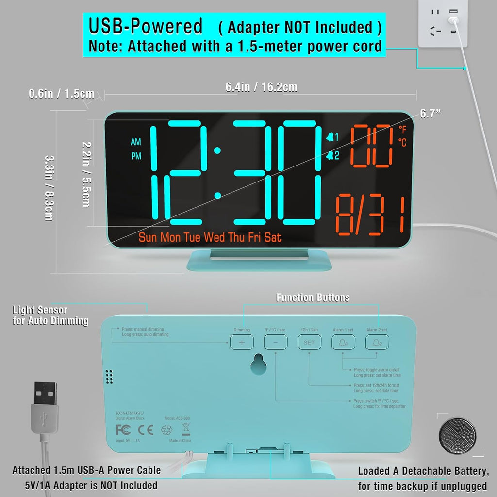 KOSUMOSU Alarm Clocks for Bedrooms, 6.7in Digital Clock, Auto Dimming, Room Temperature, Day of The Week, Seconds, Date, Digital Clocks for Living Room, Desk Clock for Bedroom