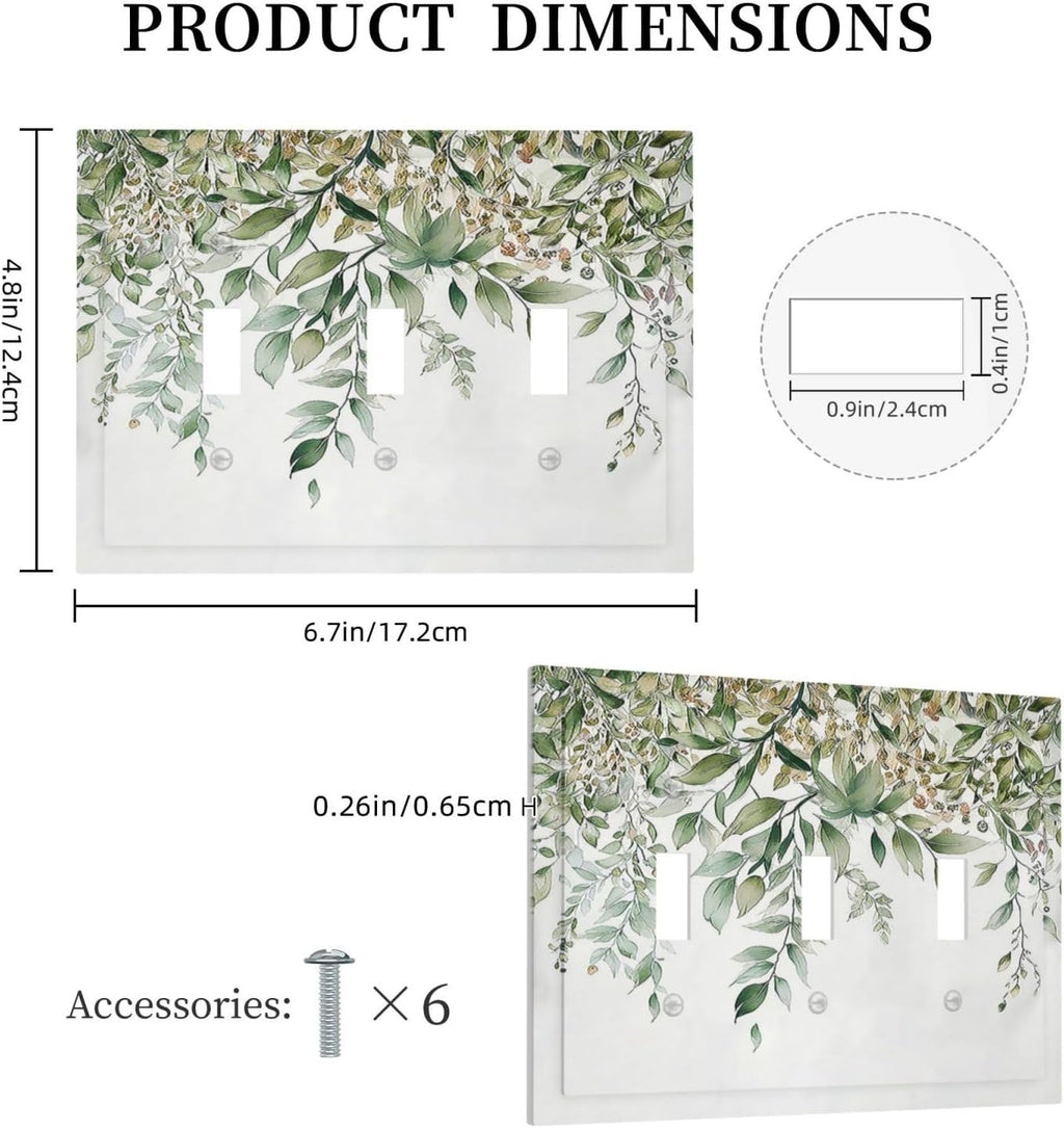 Decorative Switch Plates Sage Green Eucalyptus Watercolor Plant Leaves 3 Gang Wall Plate Triple Toggle Light Switch Cover Faceplate Electrical Wall Panels for Bedroom Bathroom Decor