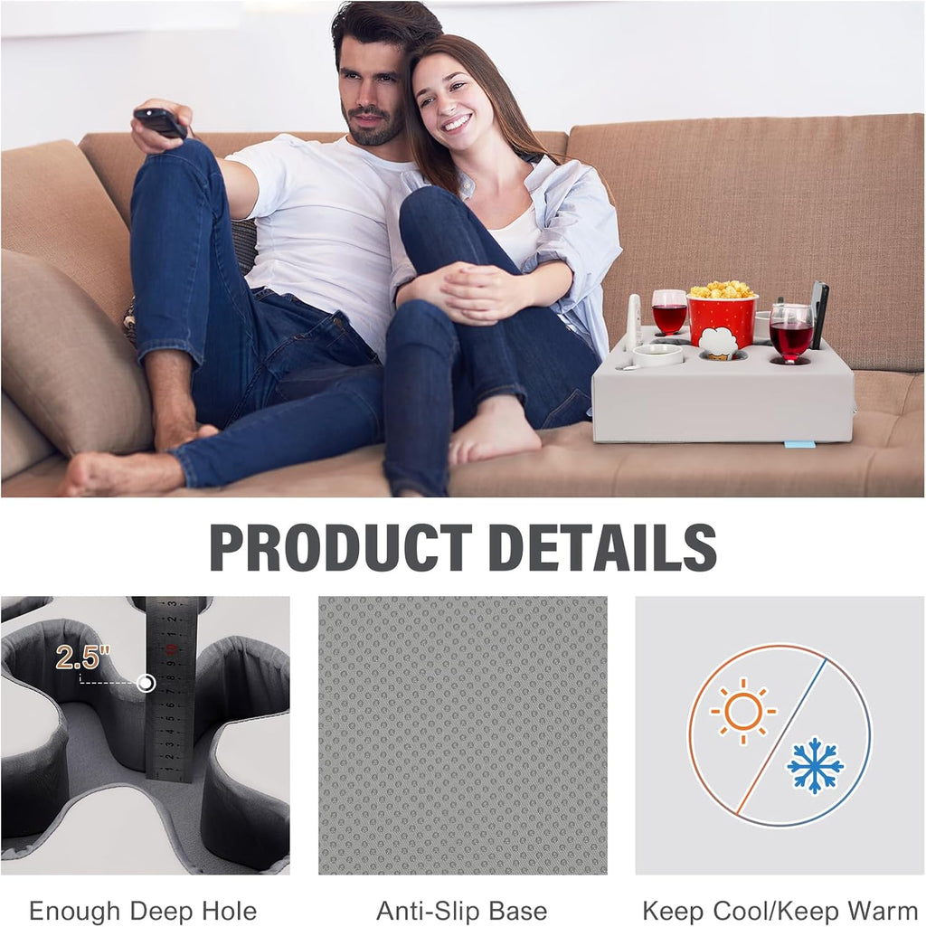 Couch Cup Holder Pillow-Sofa Cup Holder for Bed, Rv, Tv, Car, Man Cave, Backseat | Remote, Drinks, Snacks Tray Caddy Cupholder (PULightGrey)