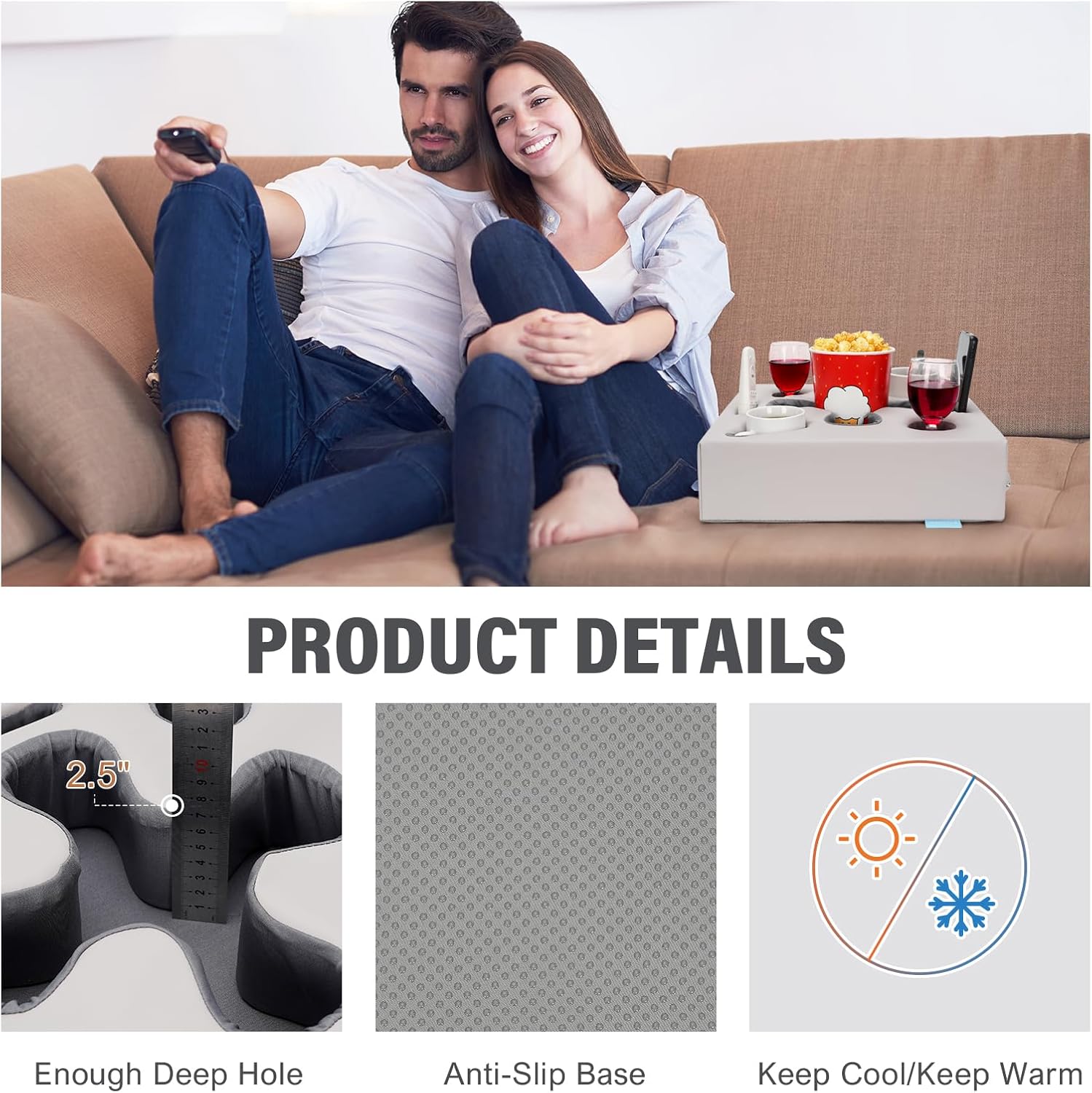Couch Cup Holder Pillow-Sofa Cup Holder for Bed, Rv, Tv, Car, Man Cave, Backseat | Remote, Drinks, Snacks Tray Caddy Cupholder (PULightGrey)