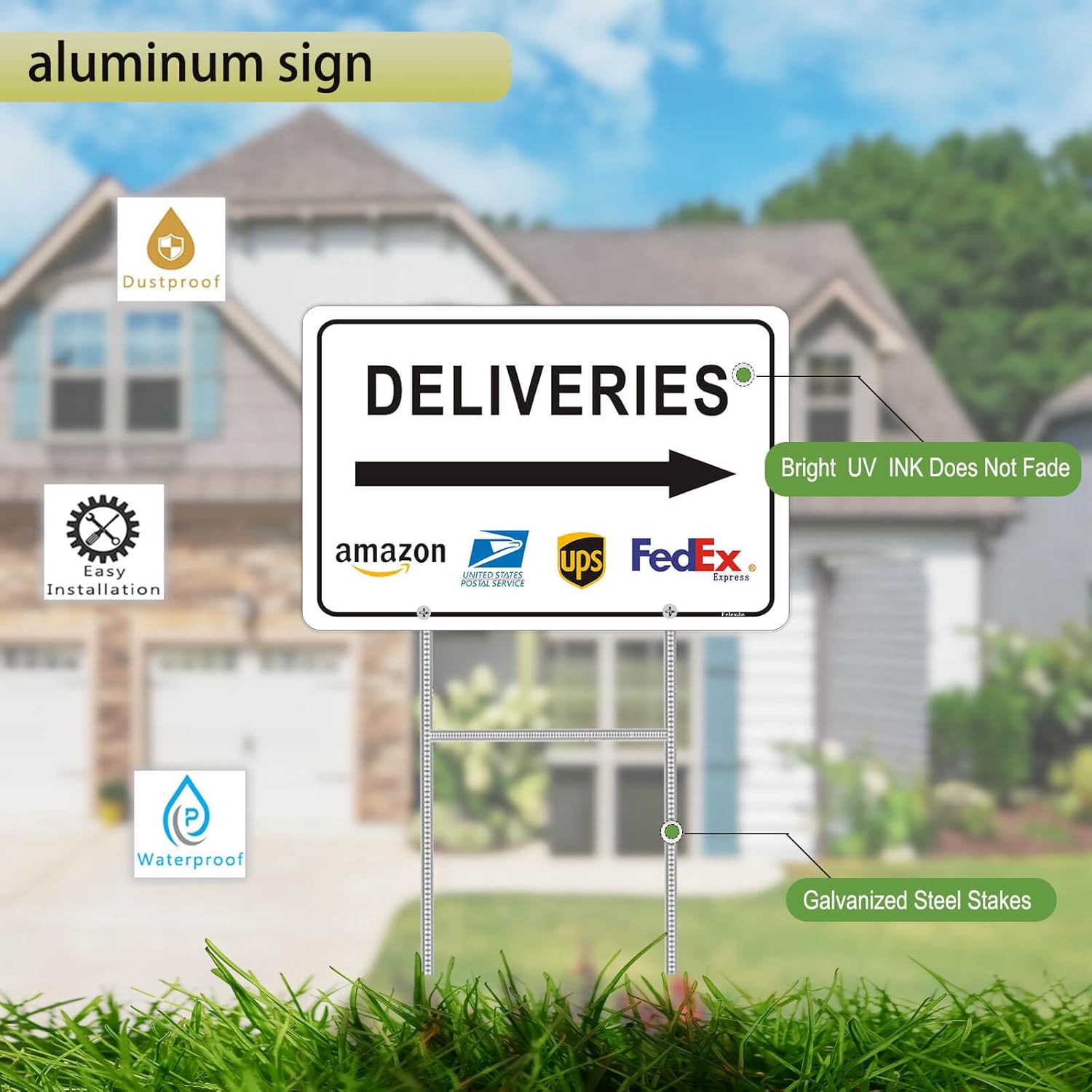 Deliveries Sign with Stake 12”x8” Delivery Sign with Arrow Right Aluminum Metal Delivery Instruction for Packages Easy Installation for Home