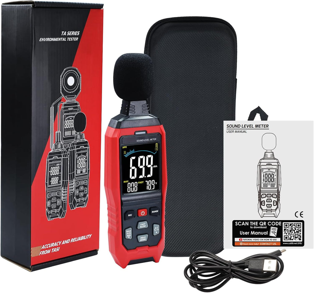 Decibel Meter with Data Logging Sound Decibel Meter Data Logger, 30~130dB Sound Level Meter with Audible Visual Alarm, Sound Meter with Export Data, PC Connection, Temperature, Analog Bar Indicator
