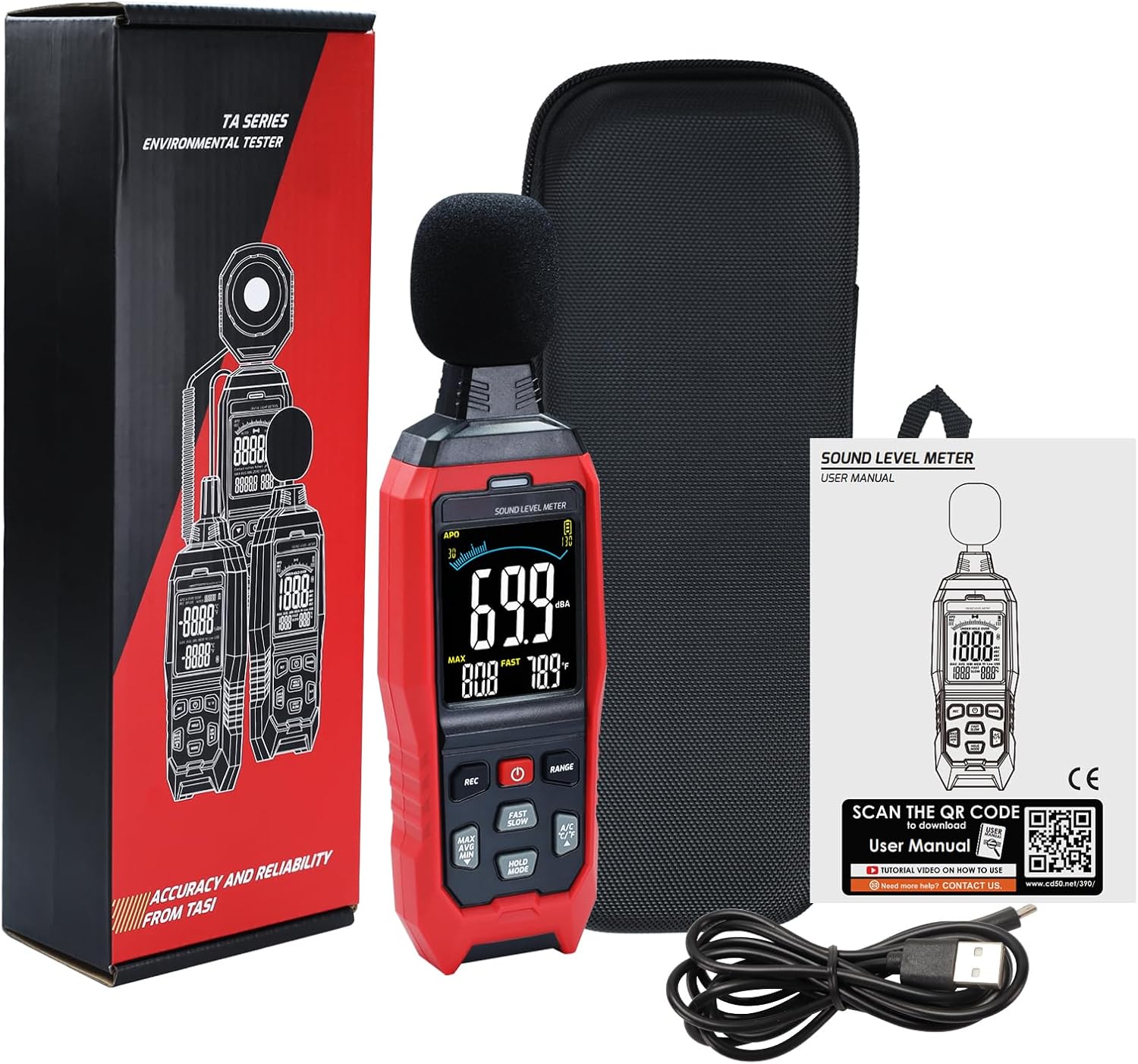 Decibel Meter with Data Logging Sound Decibel Meter Data Logger, 30~130dB Sound Level Meter with Audible Visual Alarm, Sound Meter with Export Data, PC Connection, Temperature, Analog Bar Indicator