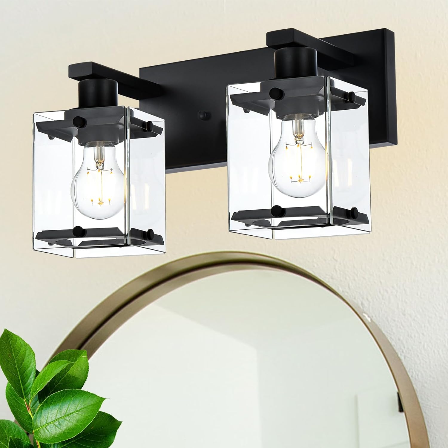 Black 2-Light Wall Sconce Bathroom Light Fixture, Rectangular Clear Glass Vanity Lighting Over Mirror, E26 Bulb Base