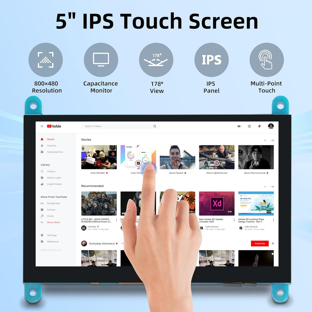5'' Raspberry Pi Monitor, Capacitive Touchscreen Monitor 800x480 HDMI IPS Screen for Raspberry Pi 5 4 3 2 Zero BB, Driver-Free