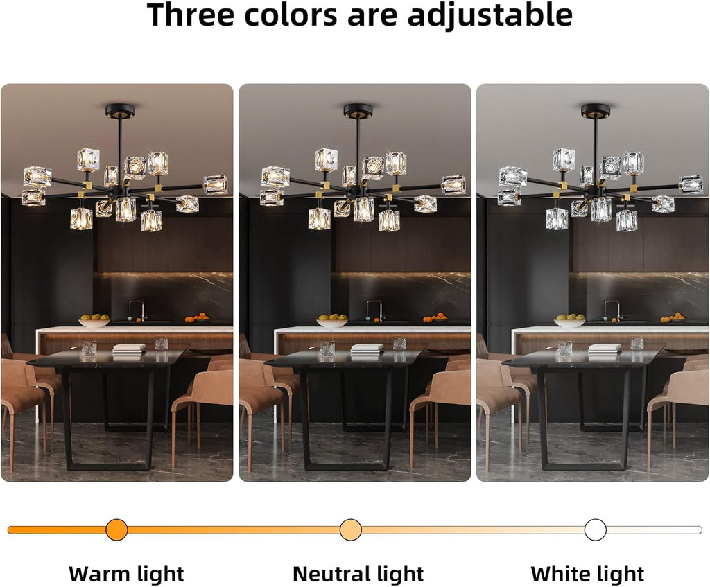 Black Crsytal Chandelier,Sputnik Chandeliers with 12-Lights,Modern Adjustable Height Semi Flush Mount Ceiling Light Fixture for Dining Room,Kitchen Island,Living Room,Bedroom