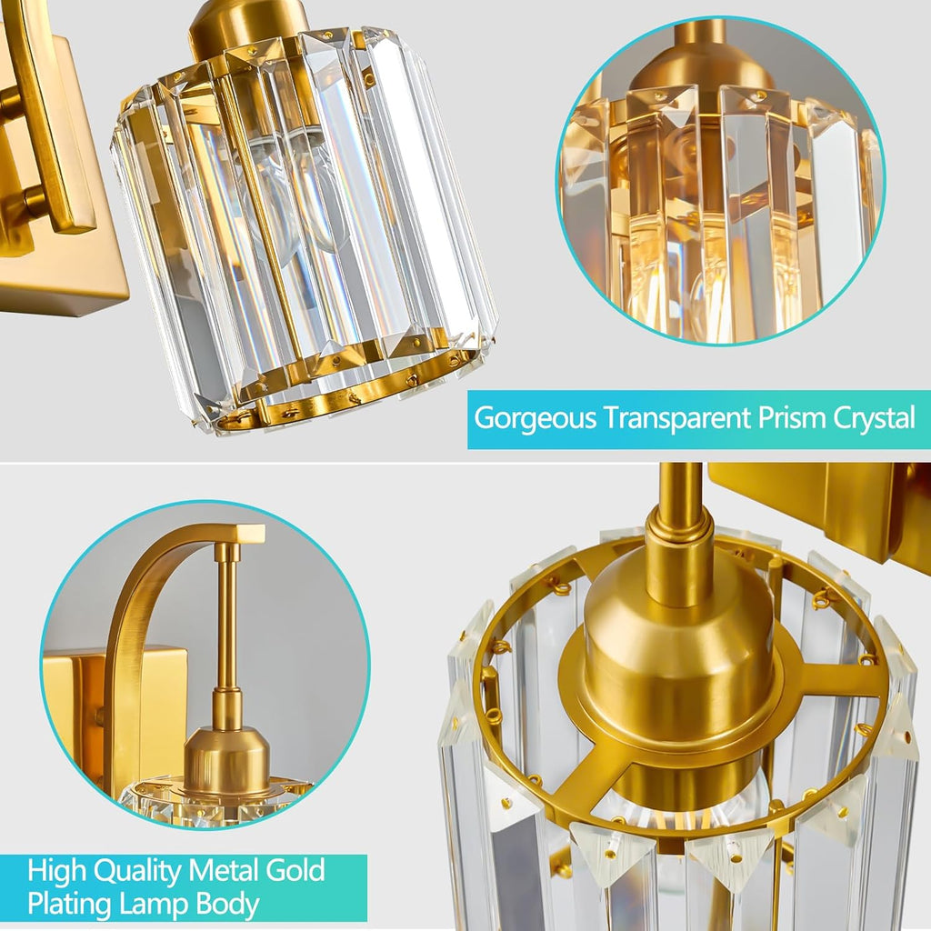 3-Light Crystal Vanity Light, Modern Gold Bathroom Wall Sconce with K9 Crystal Shades, 23.62" Long Over Mirror Lighting for Vanity, Makeup, Hallway, Elegant & Durable