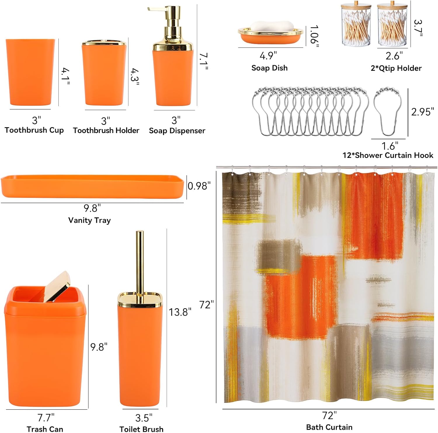 Orange Bathroom Accessories Set, Bathroom Sets with Shower Curtain, Orange Bathroom Accessories with Trash Can, Soap Dispenser, Soap Dish, Toilet Brush Holder, Qtip Holders for Bathroom