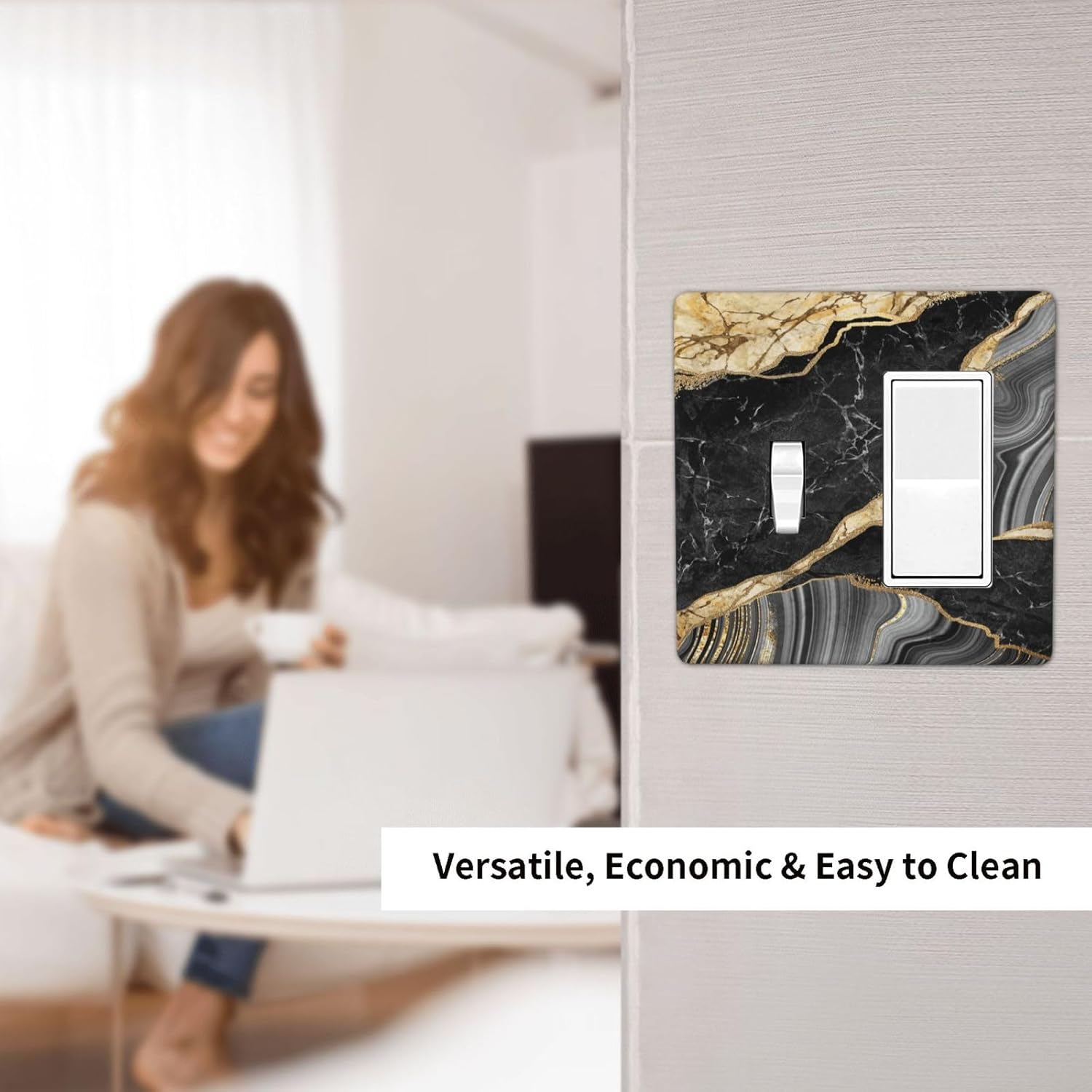 Decorative Outlet Covers Modern Abstract Black Gold Marble 2 Gang Wall Plate Single Toggle 1 Rocker Light Switch Cover Switch Plate Covers for Bathroom Kitchen Home Decor