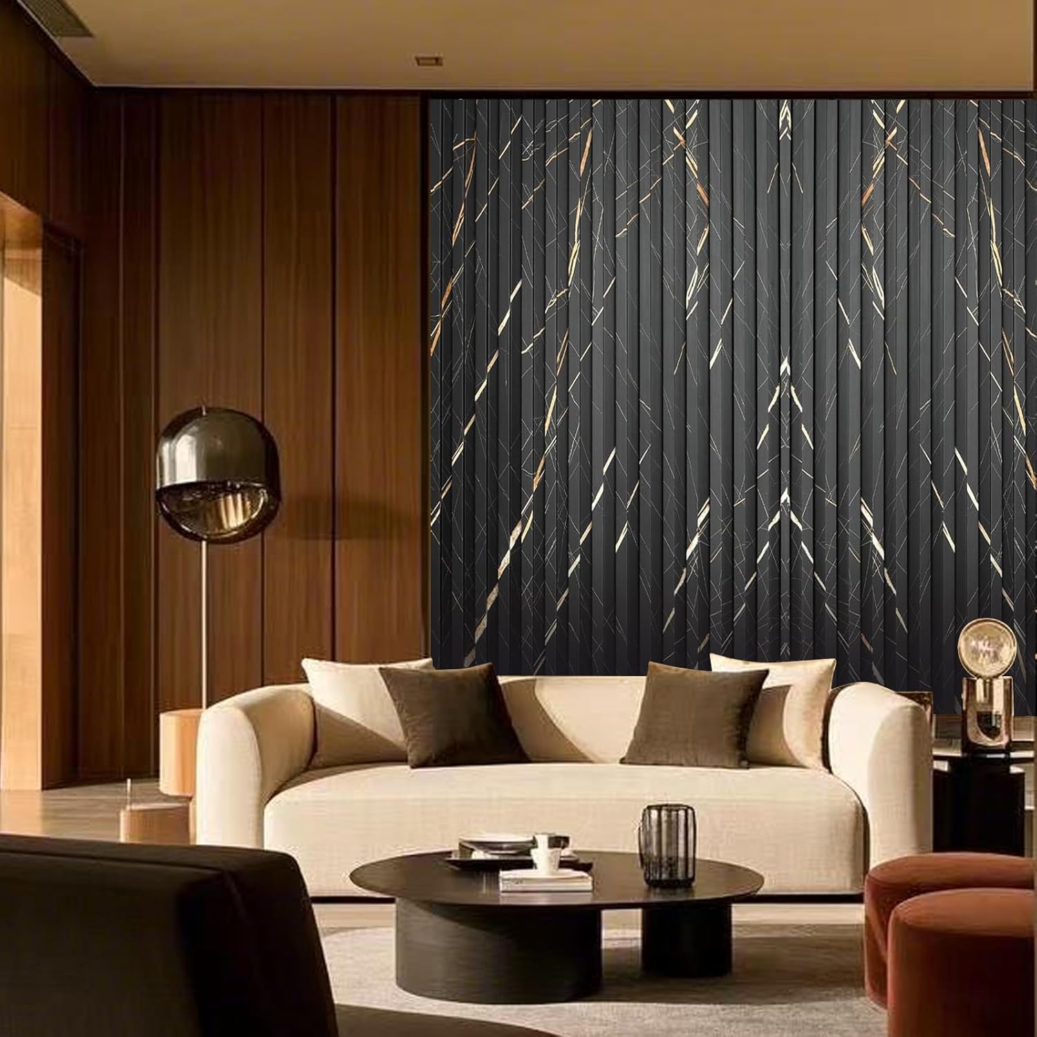 OUZUGIE WPC Acoustic Slat Wall Paneling, 8-Pack 114 x 6 Inches 3D Wall Panels for Interior Wall Decor,Living Room,TV Background,Study Room,Office Spaces,Bedroom,High Grille (Black Marble)