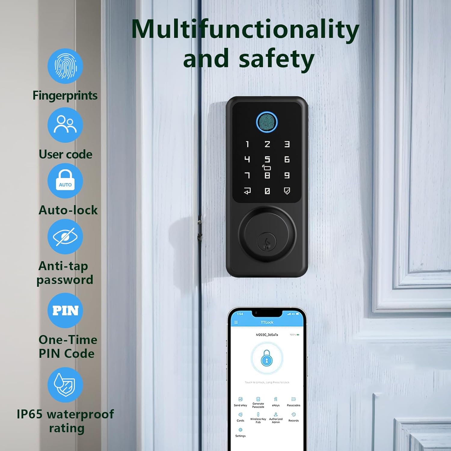 Keyless Entry Lock for Front Door, Fingerprint Door Lock with Touchscreen Keypad, Electronic Deadbolt for Home and Hotel