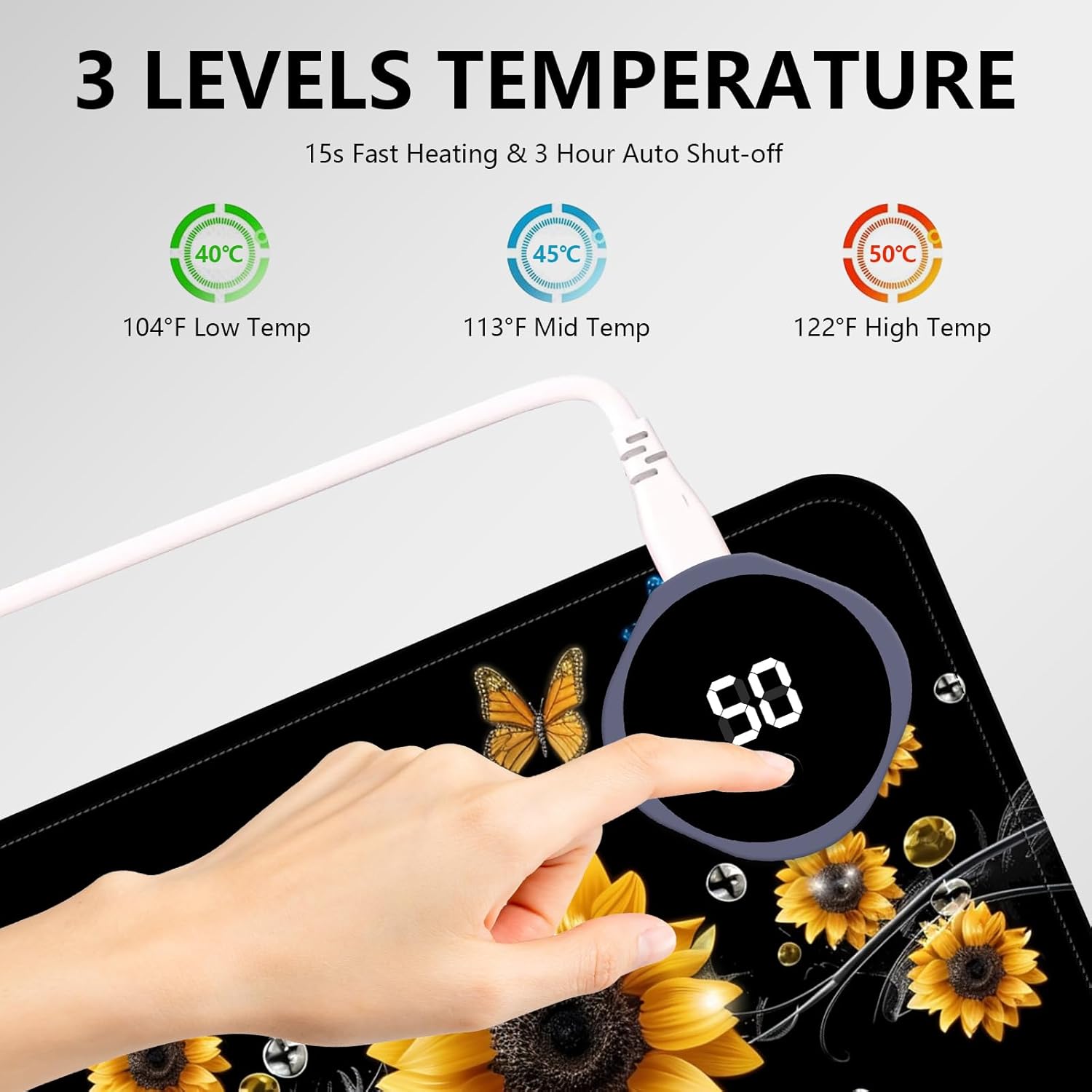 Heated Mouse Pad with 3 Levels Heated & 3 Hours Auto Shut-Off Mouse Pad for Warming Hands in Office Home, 23.6" x 14.2"Large Safe Desk Mat Hand Warmer，A River of Flowers
