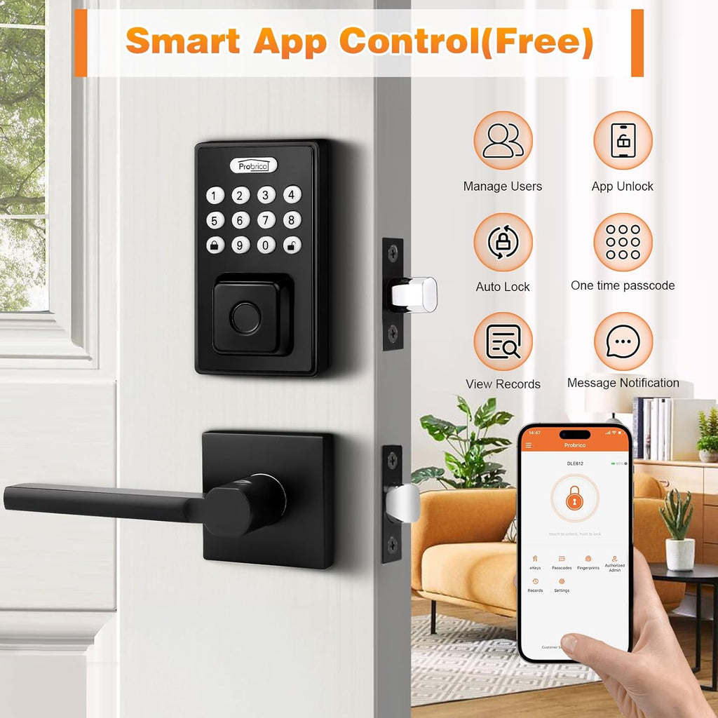 Probrico Smart Door Lock for Front Door Keypad Lock with Handle Lever, Fingerprint Deadbolt Door Lock with Code, Keyless Deadbolt Lock with Handle, Black Smart Deadbolt Lock, APP, Passcode, Auto Lock