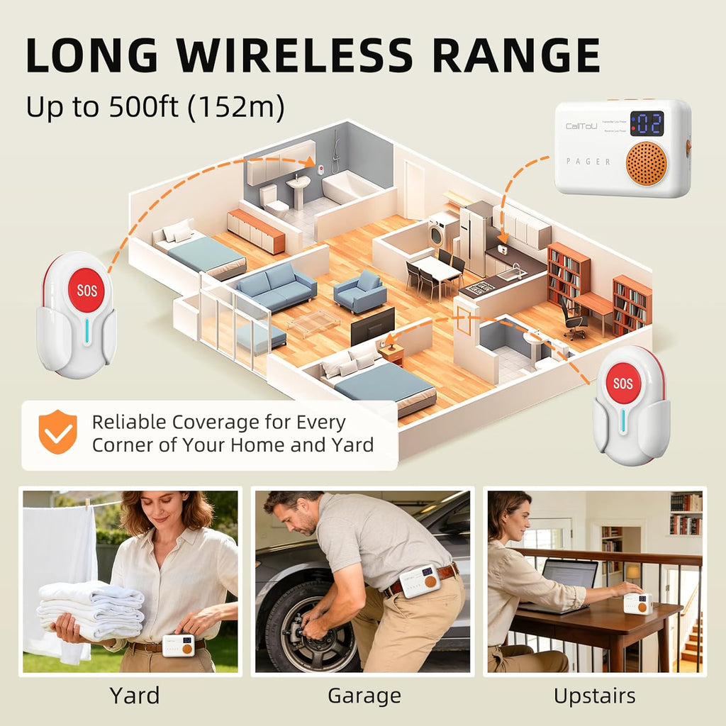CallToU Caregiver Pager - Wireless Call Button for Elderly at Home, Portable Nurse Alert System with Vibration & Sound Alerts for Seniors and Disabled （ 2 Call Buttons + 3 receivers）