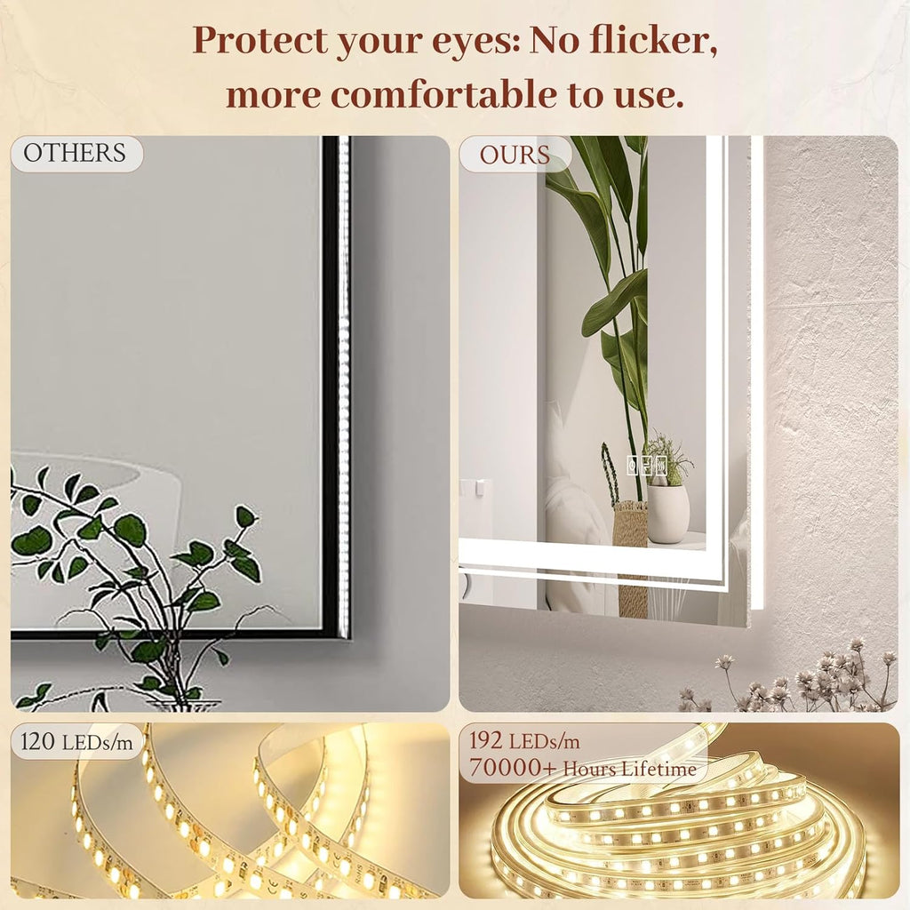 24x32 LED Mirror for Bathroom with Front and Backlit Light Up Digital Mirrors for Wall,Anti Fog,Stepless Dimmable,Tempered Silver Glass Smart Vanity Mirror for Bathroom