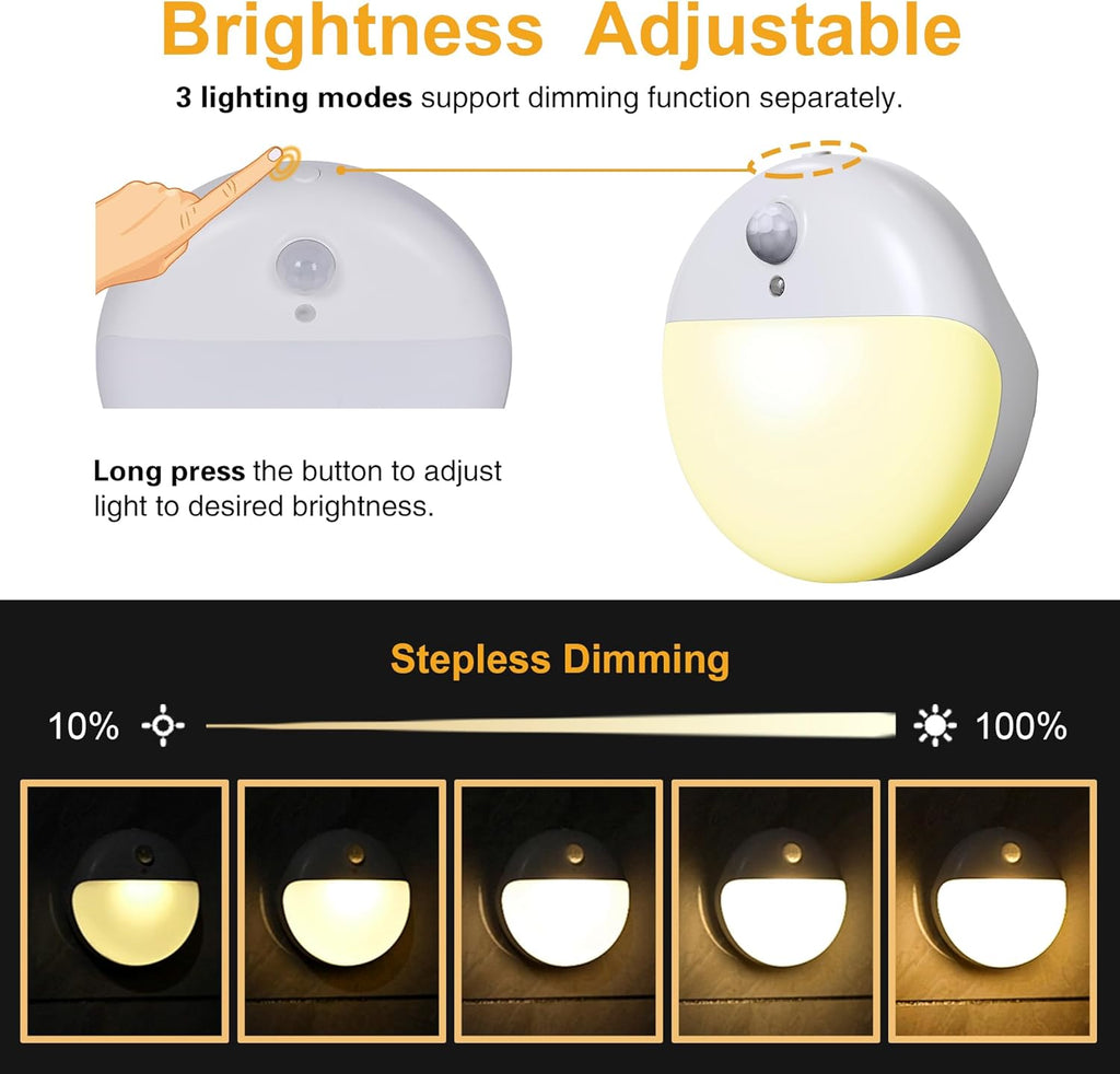 2 Pack Motion Sensor Night Light, Gold Yellow, 3 Lighting Modes, Stepless Dimming, Battery-Powered, Dimmable LED, Suitable for Bedroom, Bathroom, Stairs, Corridors, Closets