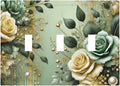 Decorative Light Switch Cover Plate Rustic Green Floral Leaves Teal Flowers Gold Stripe 3 Gang Wall Plate Oversized Triple Toggle Switch Cover Plate Jumbo Faceplate