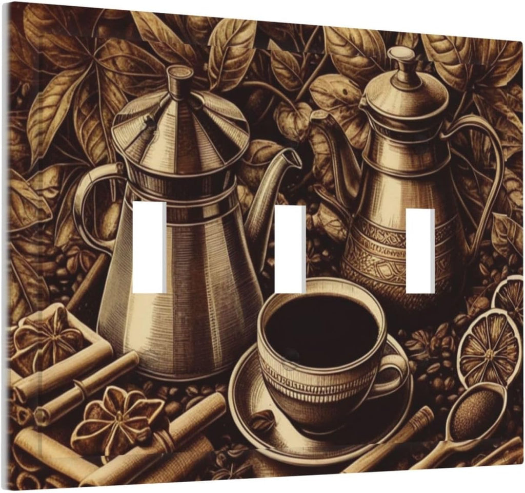 Decorative Light Switch Cover Plate Vintage Coffee Beans Leaf Cup 3 Gang Wall Plate Oversized Triple Toggle Switch Cover Plate Jumbo Faceplate for Kitchen Home Decor